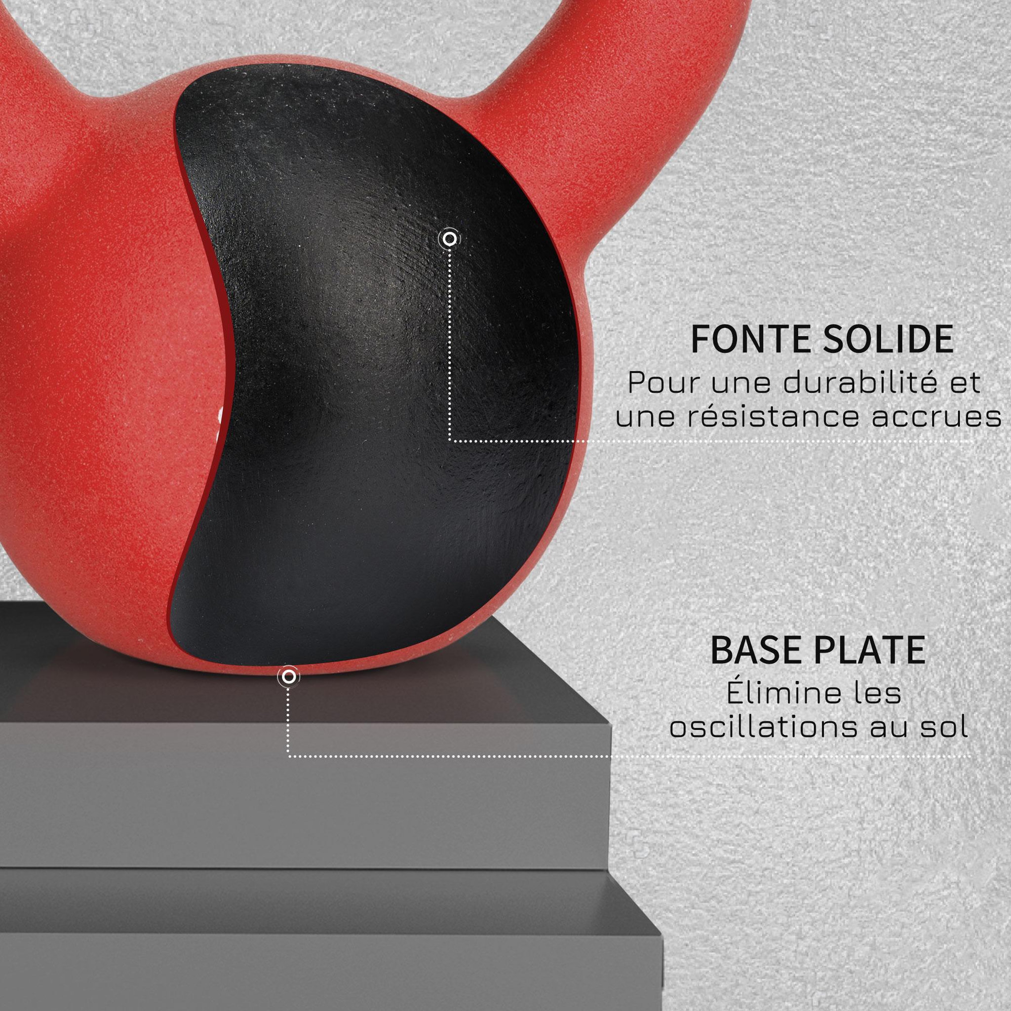Voir la diapositive 6 : HOMCOM Kettlebell 10 kg en métal large poignée antidérapante fond plat rouge noir