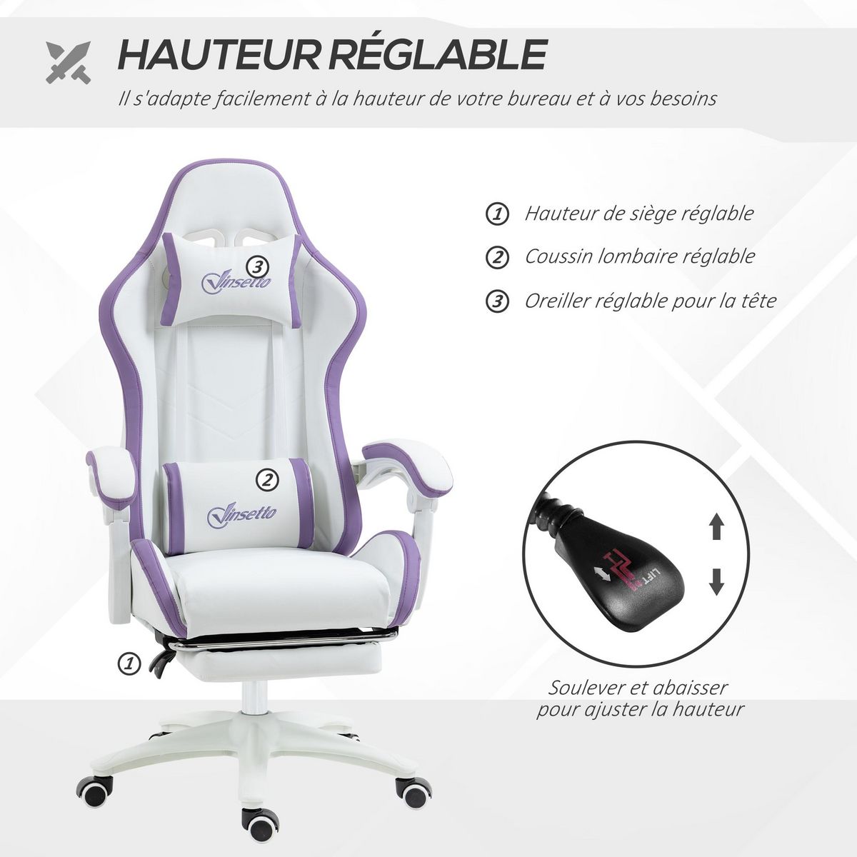 VINSETTO Chaise de bureau gaming - inclinable, pivotant, réglable - coussins lombaires têtière inclus - mauve blanc