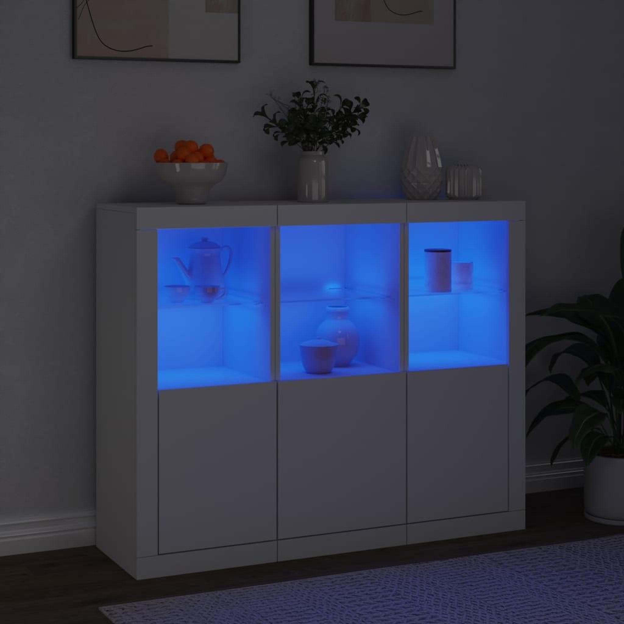 Voir la diapositive 3 : VIDAXL Buffets avec lumieres LED 3 pcs blanc bois d'ingenierie