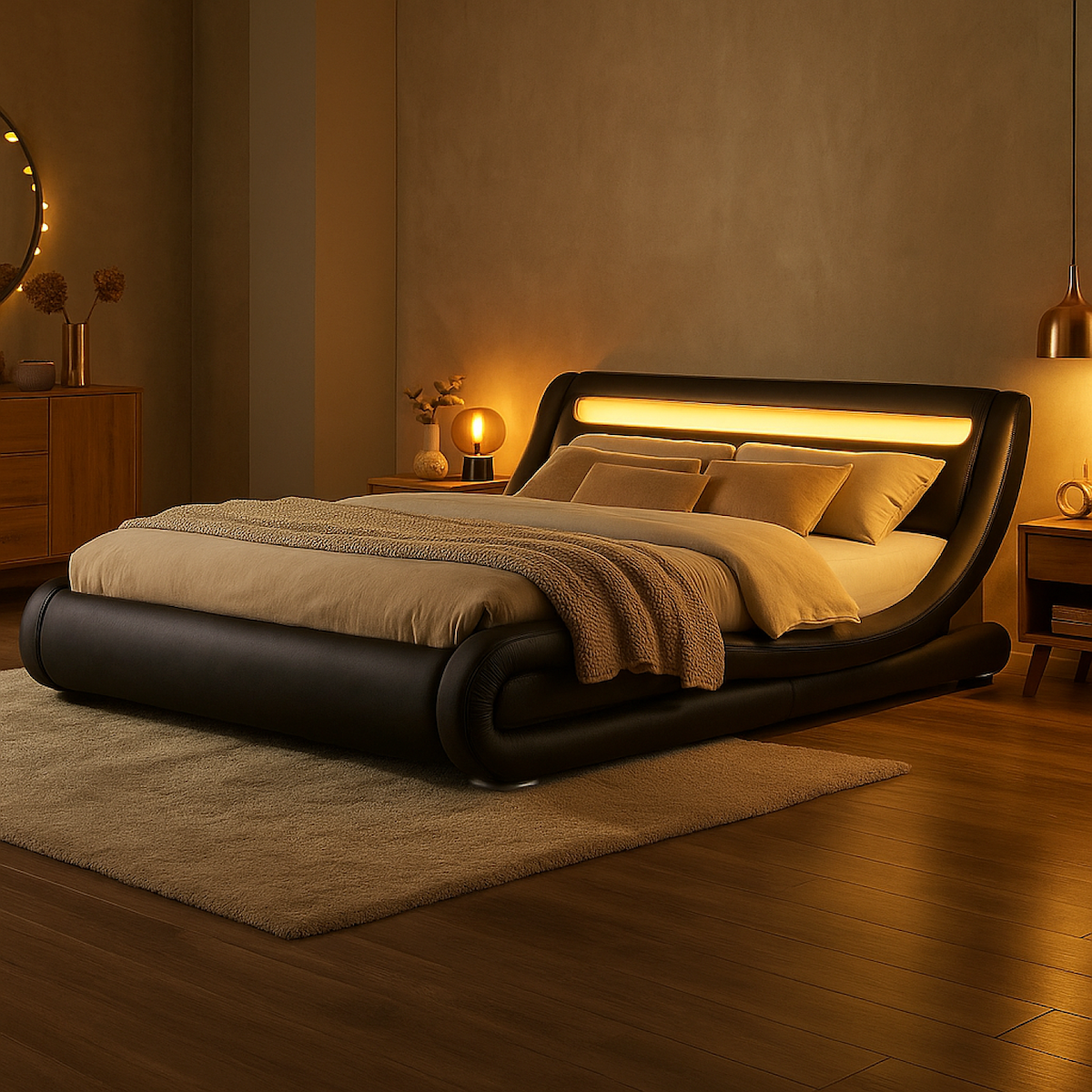 CONCEPT USINE Structure de lit avec LED 140 x 190 cm en PU noir SEATTLE