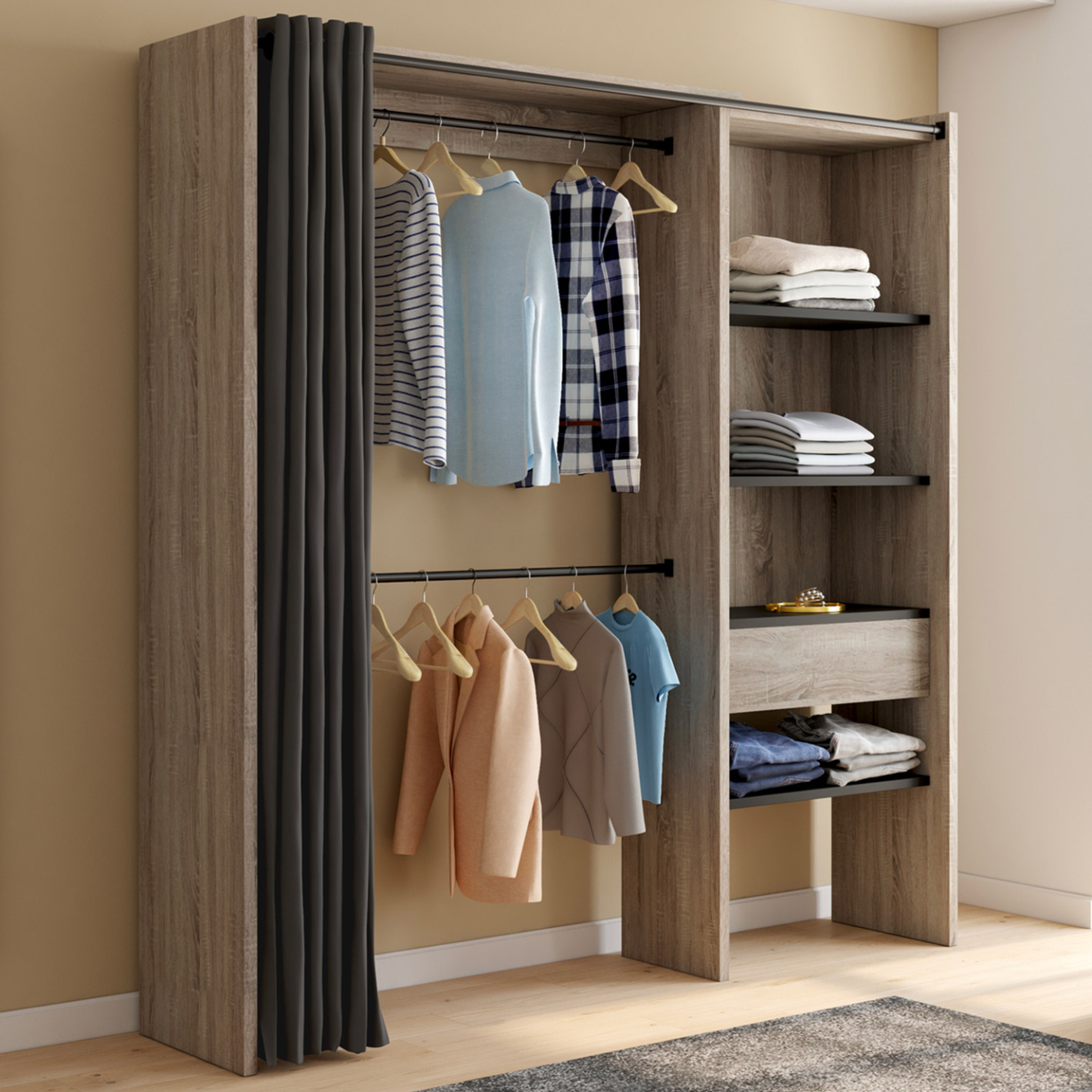Voir la diapositive 2 : ID MARKET Dressing extensible marty 120/170 x 50 x 180 cm hêtre avec étagères + double penderie + rideau noir