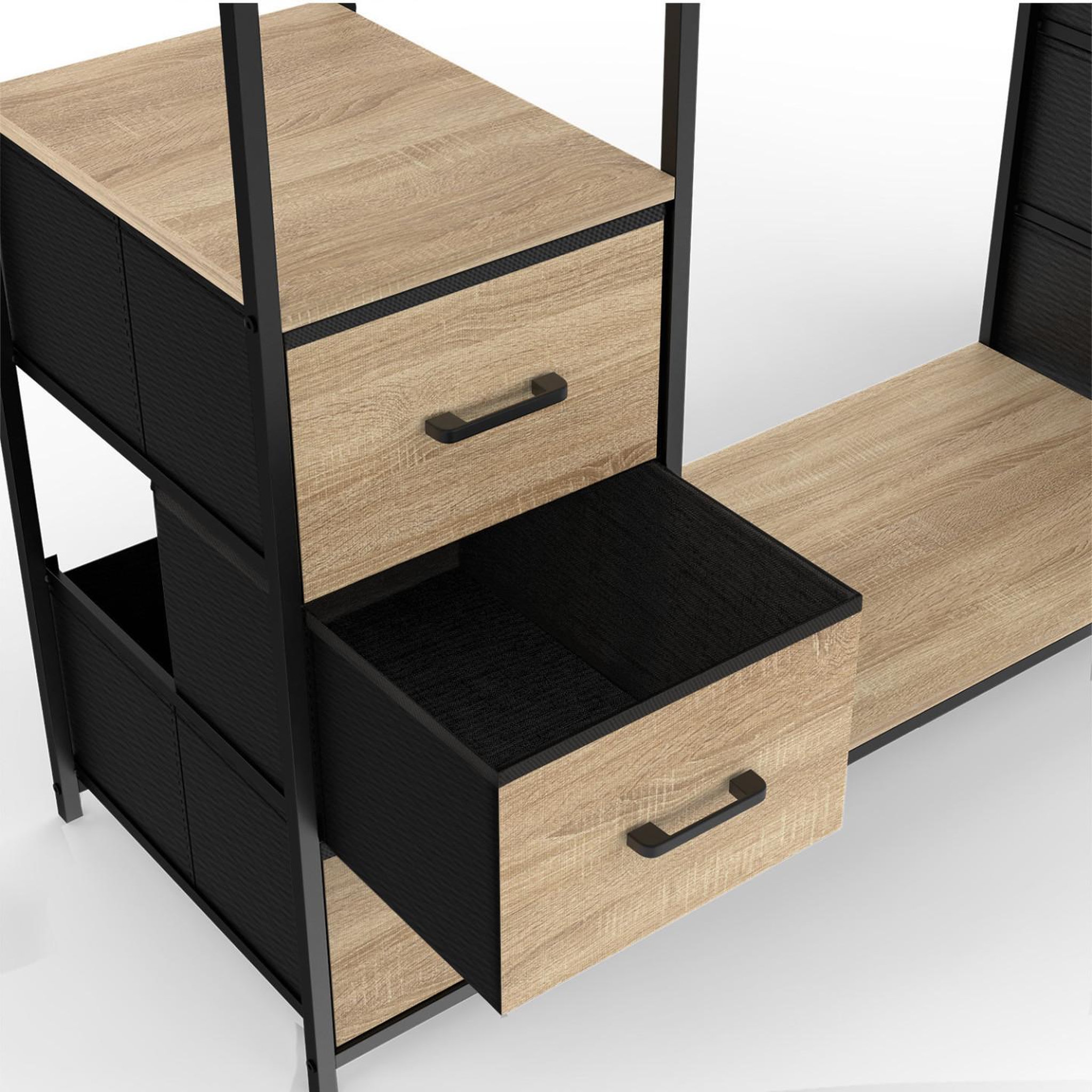 Voir la diapositive 5 : ID MARKET Dressing double penderie + double colonne l. 140 cm utah avec 6 étagères et 6 bacs en tissu bois et noir