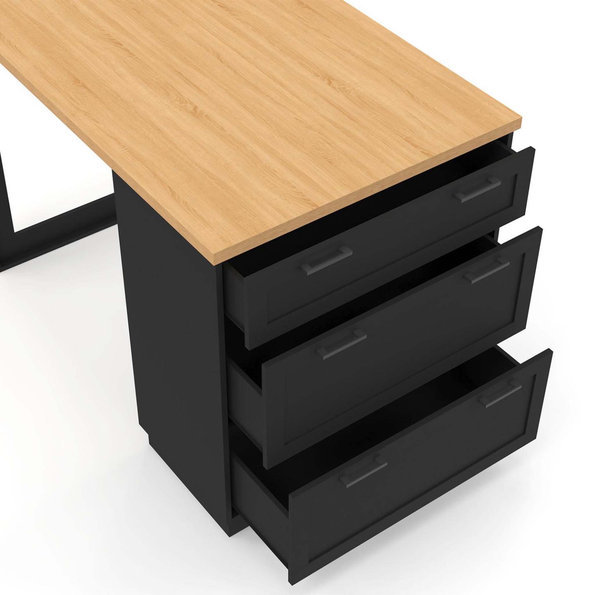 Voir la diapositive 6 : ID MARKET Ilot central mange-debout 4 personnes vito 130 cm casserolier 3 tiroirs noir et plateau bois