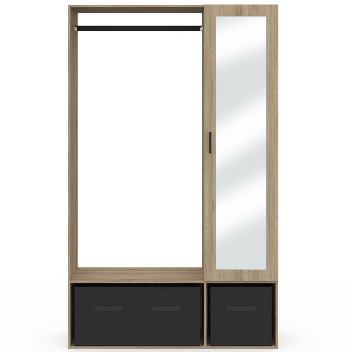 ID MARKET Dressing penderie BERENICE 105 x 40 x 172 cm hêtre avec étagères + boites de rangement noires + miroir