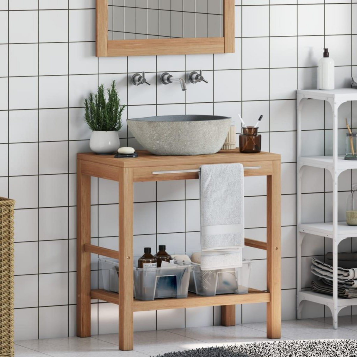 VIDAXL Armoire de toilette Teck solide et lavabo en pierre de riviere