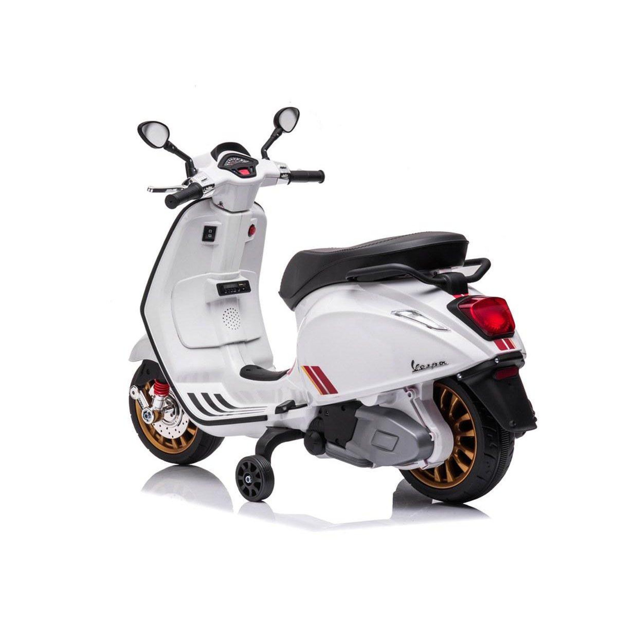 Voir la diapositive 4 : 1001JOUETS Vespa Électrique Enfant - 12V, Roulettes Stabilisatrices, Effets Sonores et Lumineux - Blanc