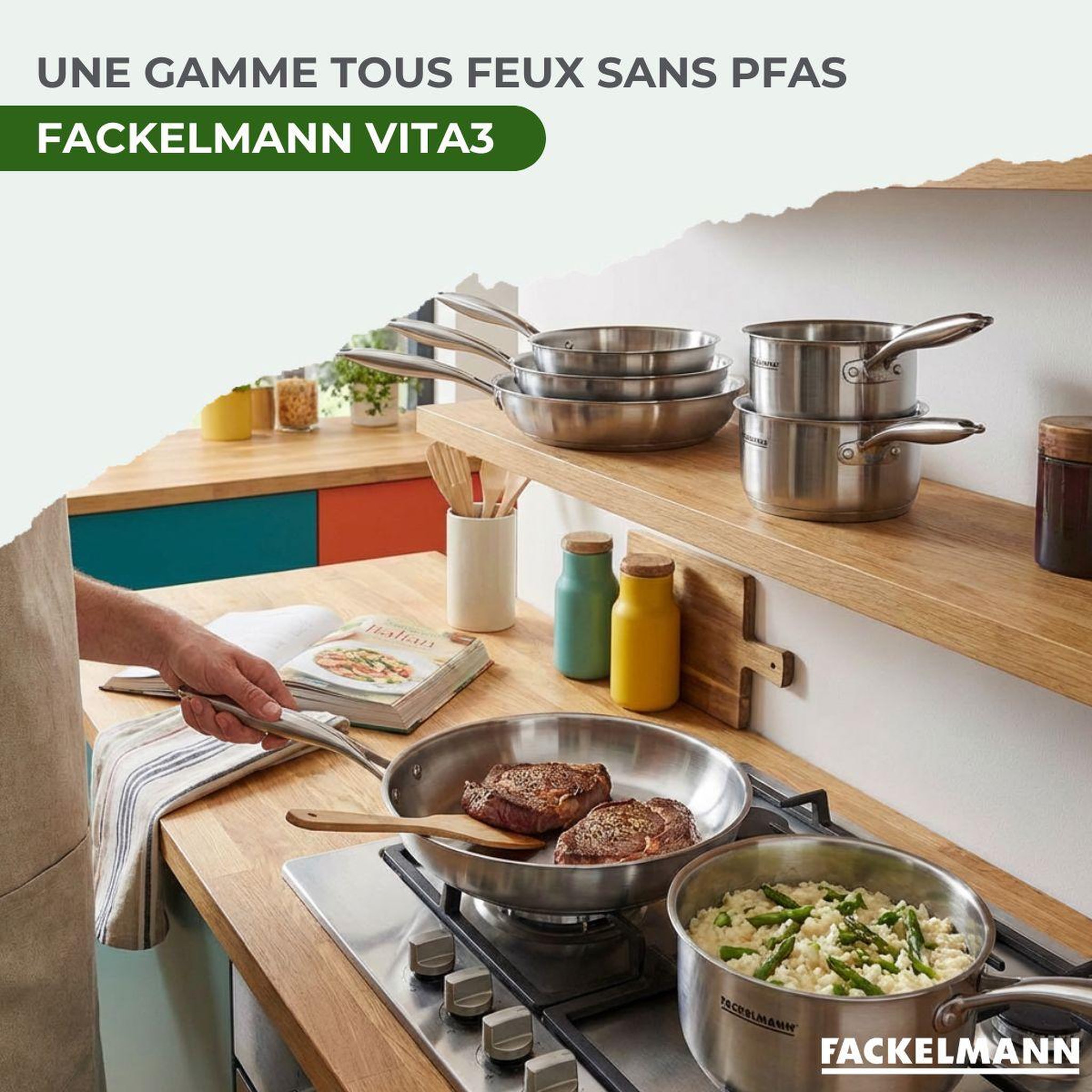 Voir la diapositive 2 : Fackelmann Batterie de cuisine avec 2 poêles 20/28 cm et 2 casseroles 14/18 cm avec 1 couvercle de cuisson universel sans pfas fackelmann vita3