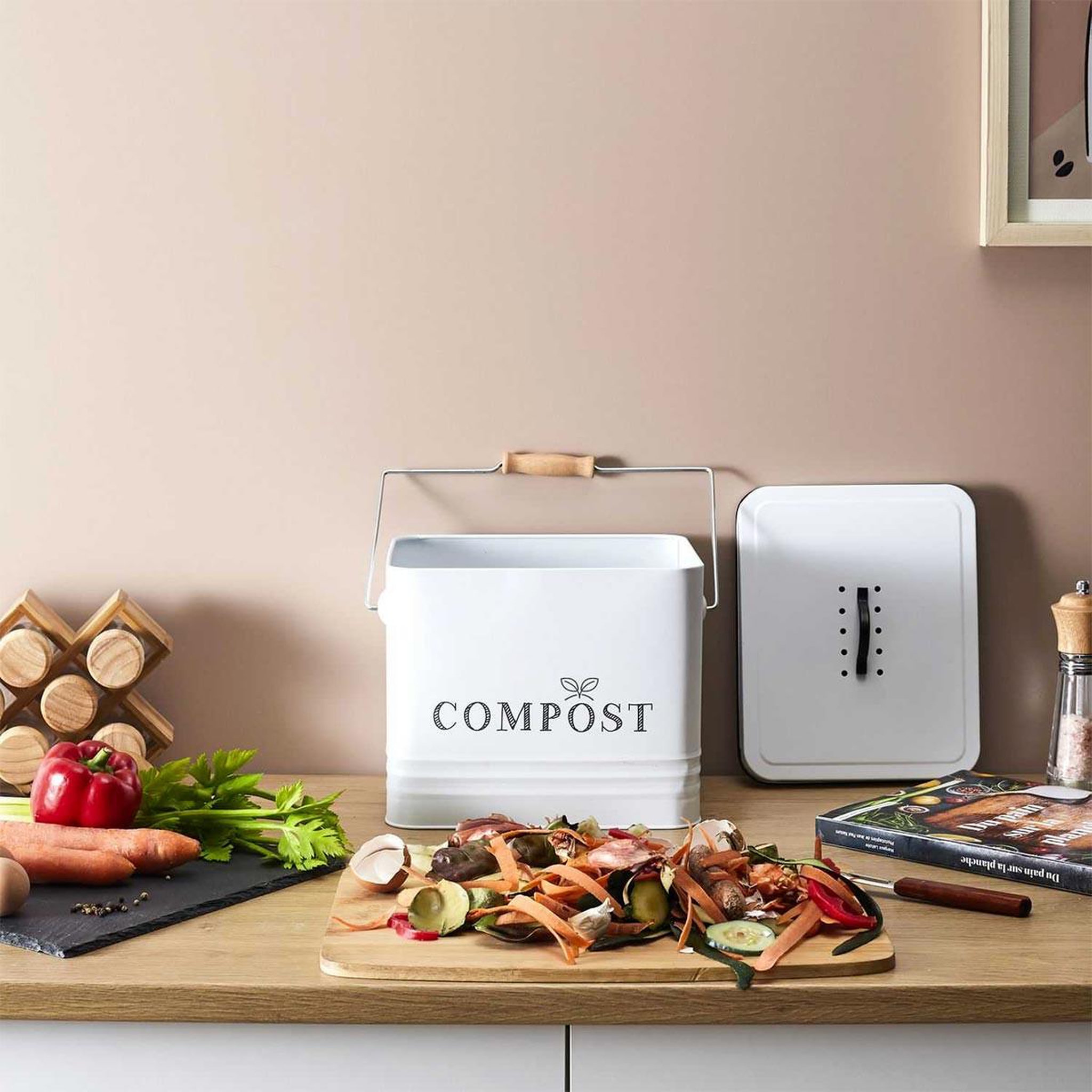 Voir la diapositive 4 : Je cherche une idee Poubelle en métal  compost  10l blanc