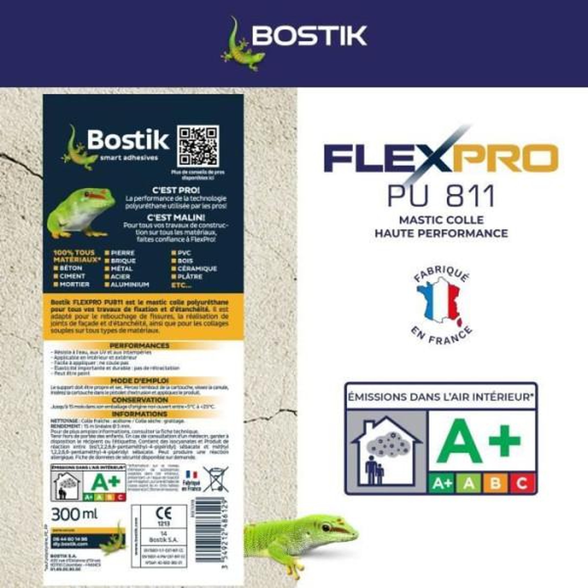 Voir la diapositive 5 : Bostik Mastic colle/joint - BOSTIK - Flexpro PU811 - Tous matériaux - Intérieur/extérieur - Anthracite RAL7016 - 300 ml
