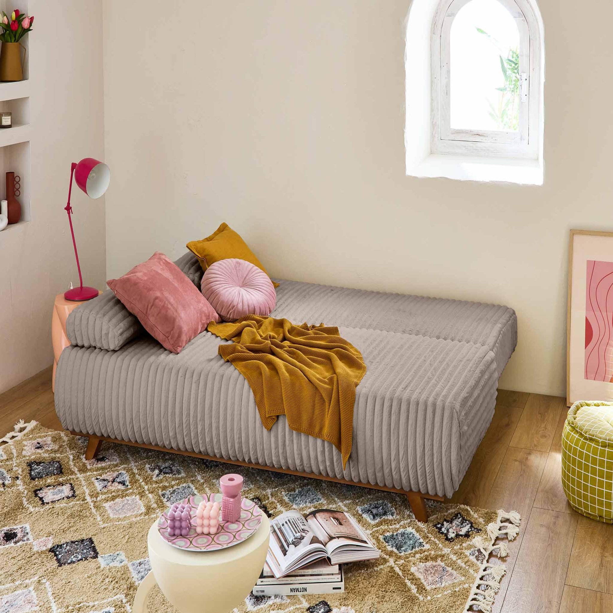 Voir la diapositive 3 : BEST MOBILIER Cristal - canapé 3 places - convertible avec coffre et grand pouf - en fausse fourrure côtelée