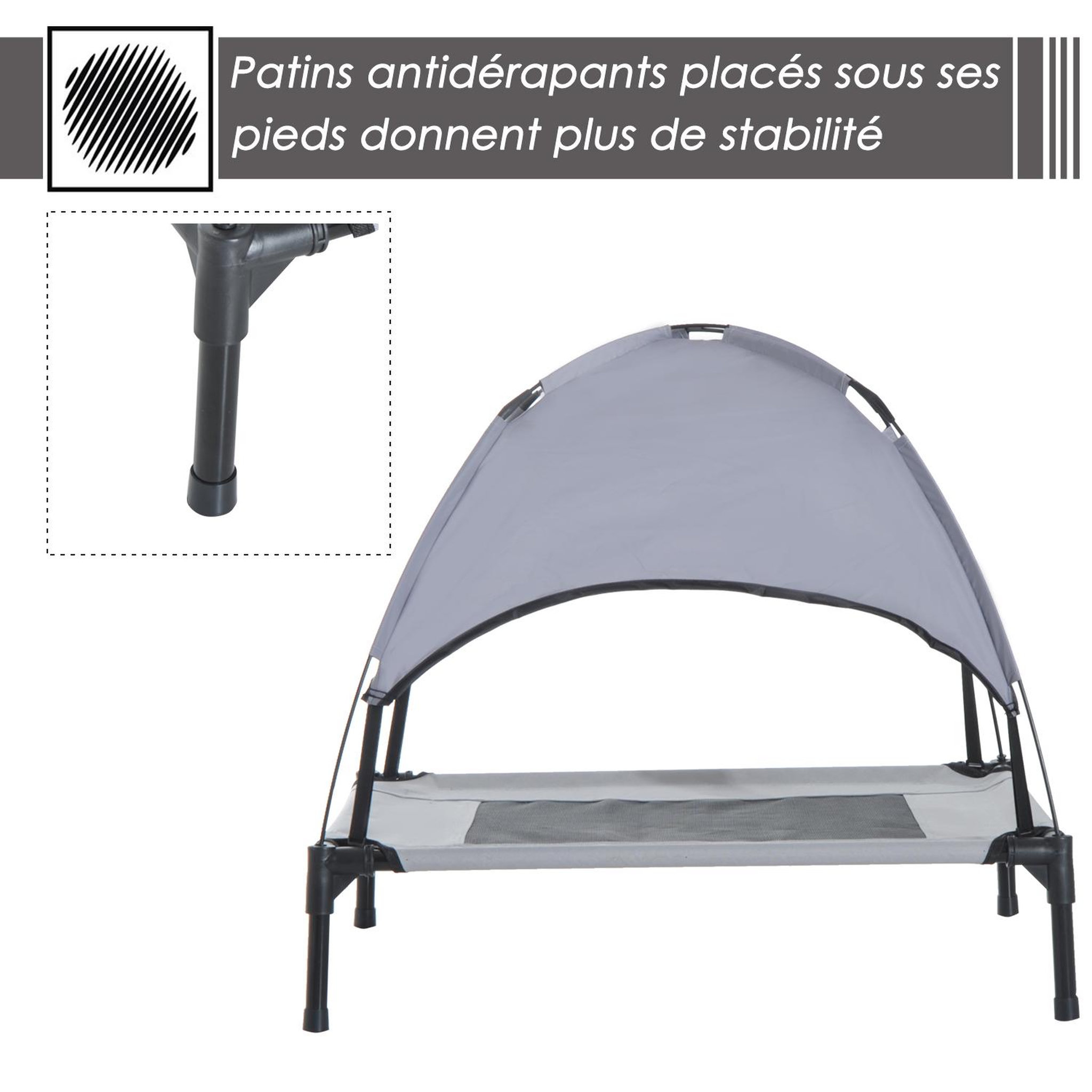 Voir la diapositive 6 : PAWHUT Lit pour chien chat sur pieds lit de camp lit surélevé rafraîchissant velum anti-uv oxford micro-perforé parasol et sac de transport inclus dim. 61l x 46l x 61h cm gris noir