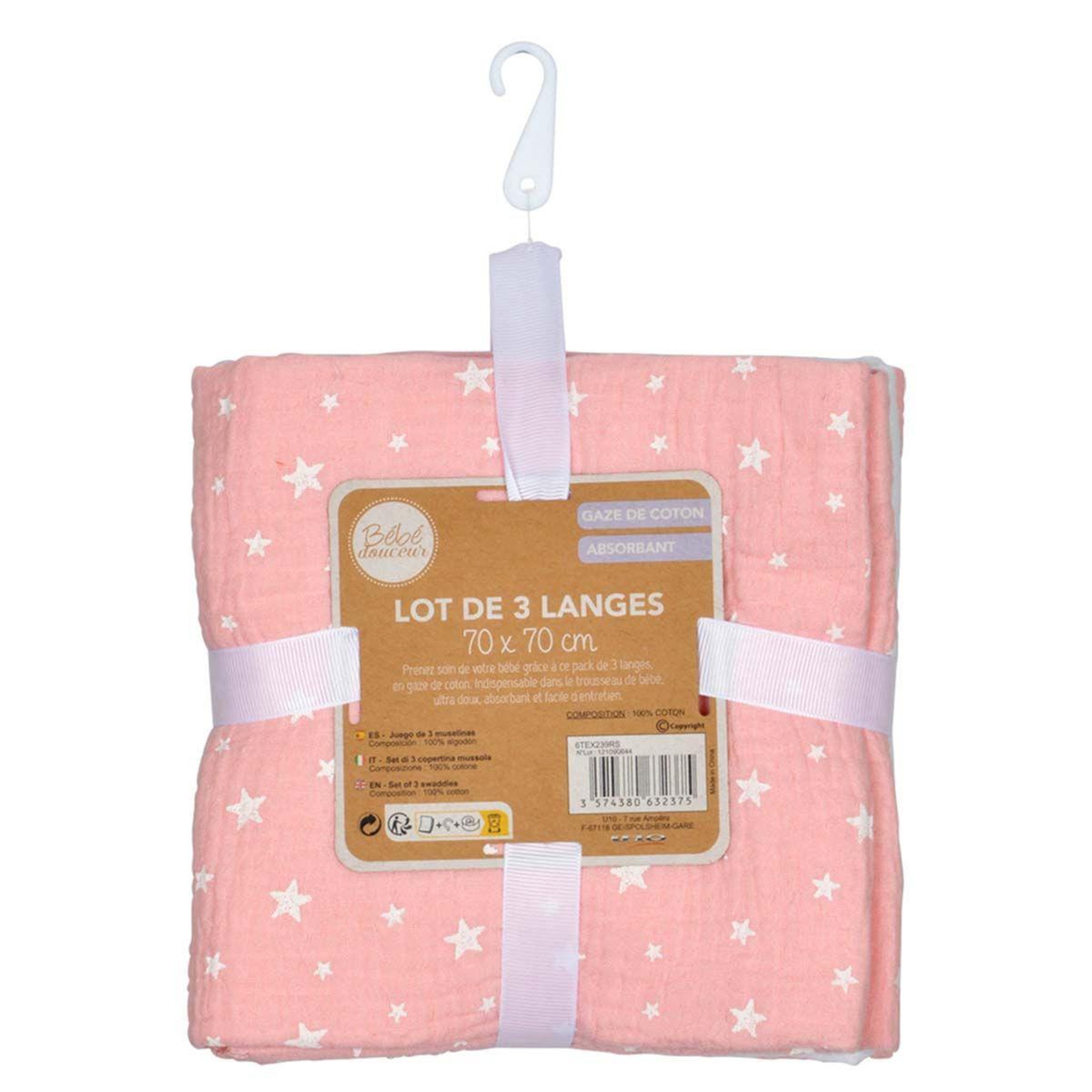 Voir la diapositive 4 : BEBE DOUCEUR Lot de 3 langes bébé  absorbant  70x70cm rose