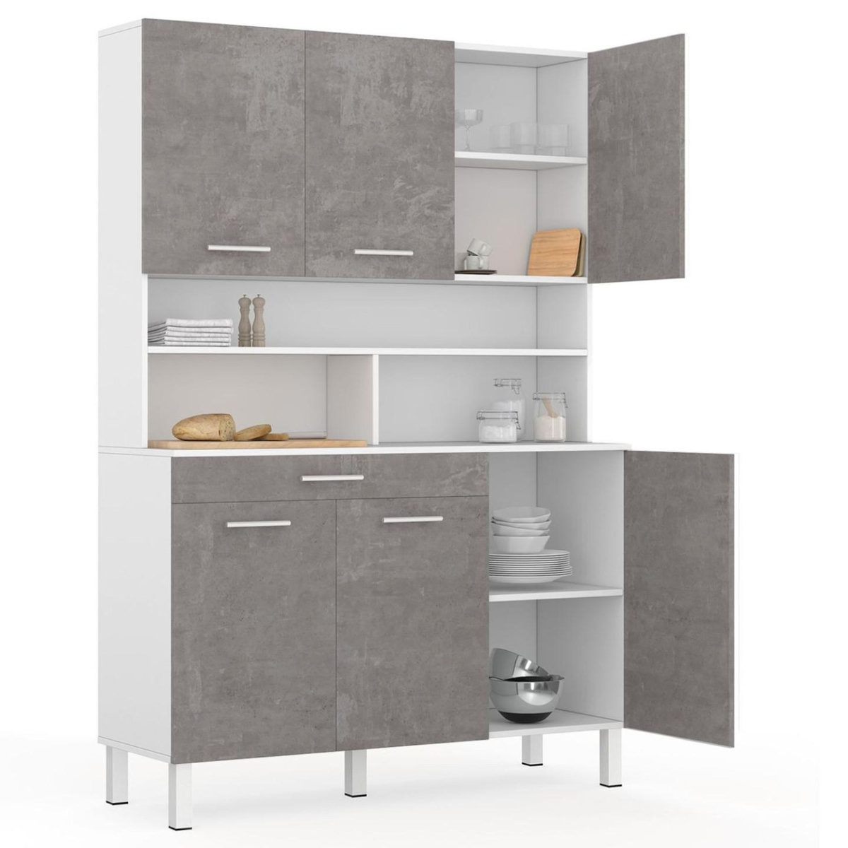 ID MARKET Buffet de cuisine 120 CM CINA 6 portes + tiroir blanc et effet béton