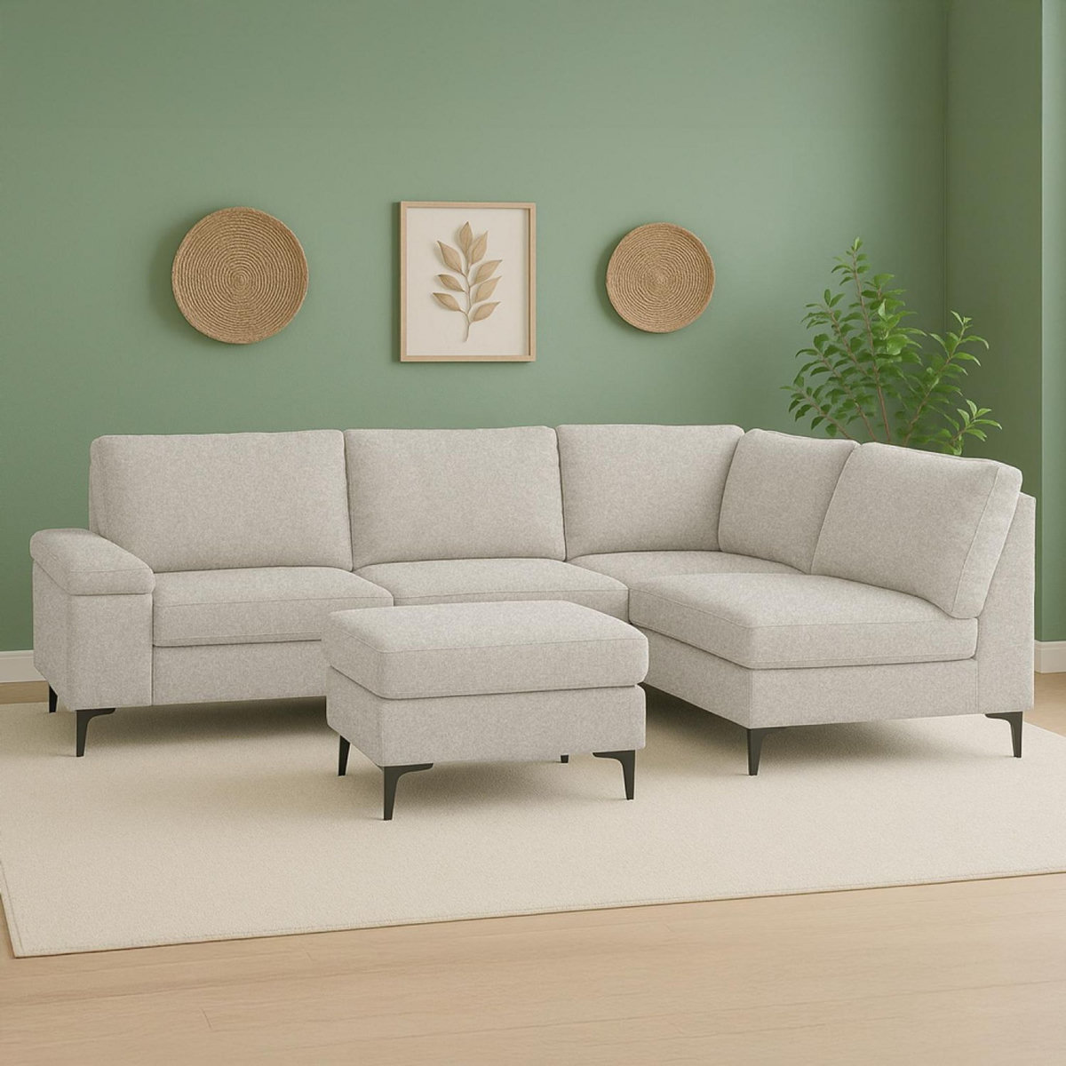 CONCEPT USINE Canapé d'angle 4-5 places en tissu chenille beige avec pouf COLCHESTER