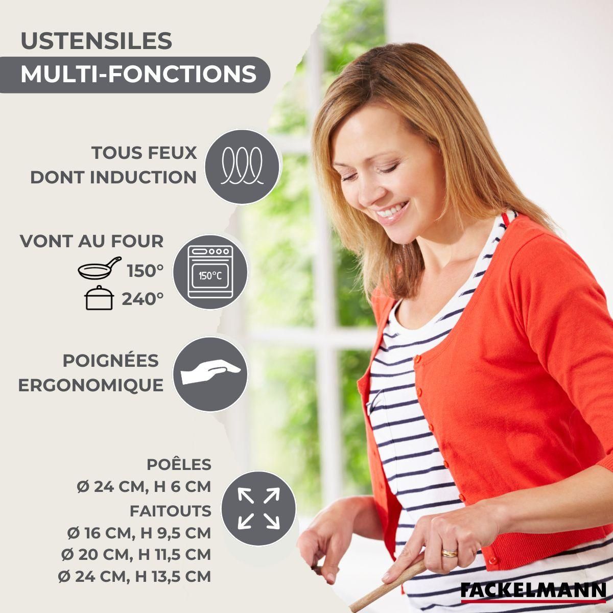 Fackelmann Set de 1 poêle 24 cm en inox, 3 faitouts 16, 20 et 24 cm et 6 ustensiles RPET Fackelmann Geneva