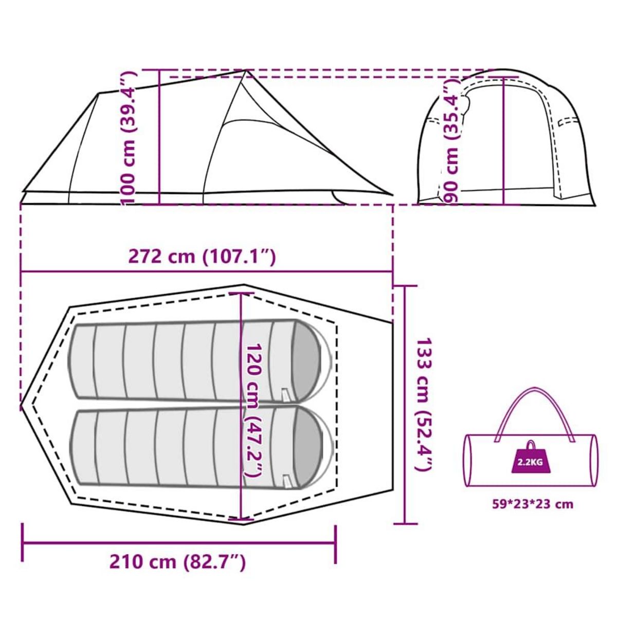 VIDAXL Tente de camping tunnel 2 personnes marron impermeable