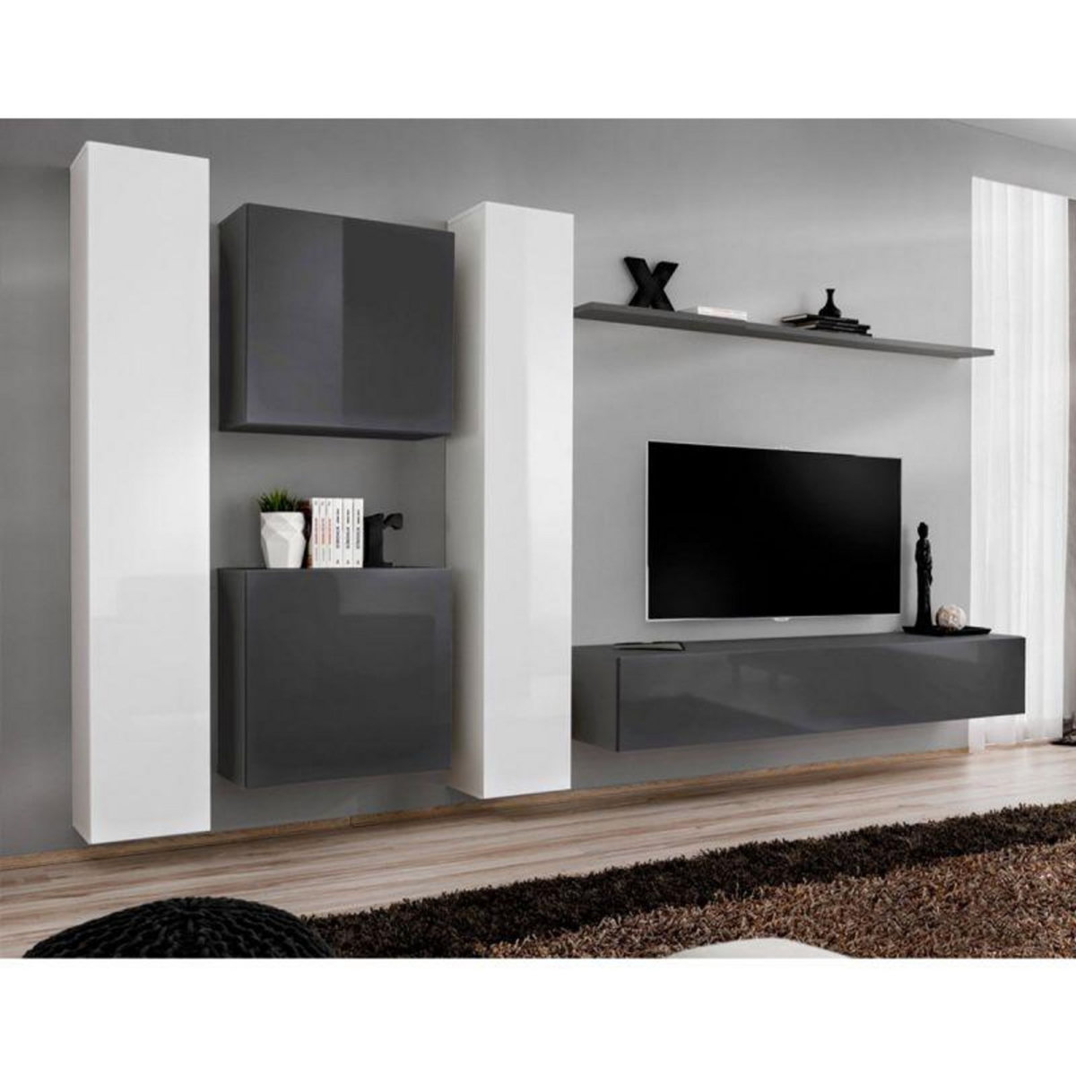Paris Prix Meuble TV Mural Design  Switch VI  330cm Gris & Blanc