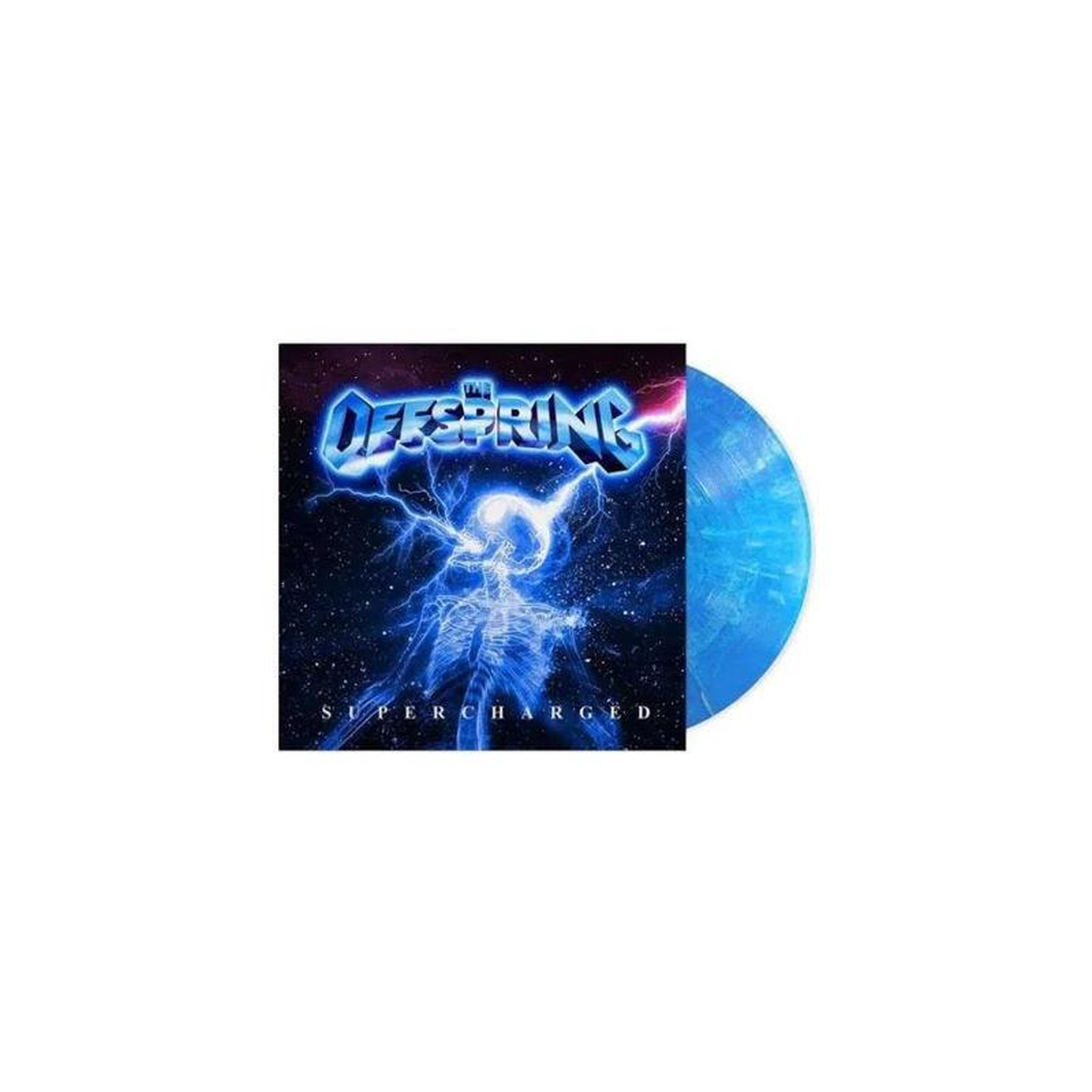 Vinyle 12 pouces bleu clair translucide « supercharged », pochette illustrée style futuriste et