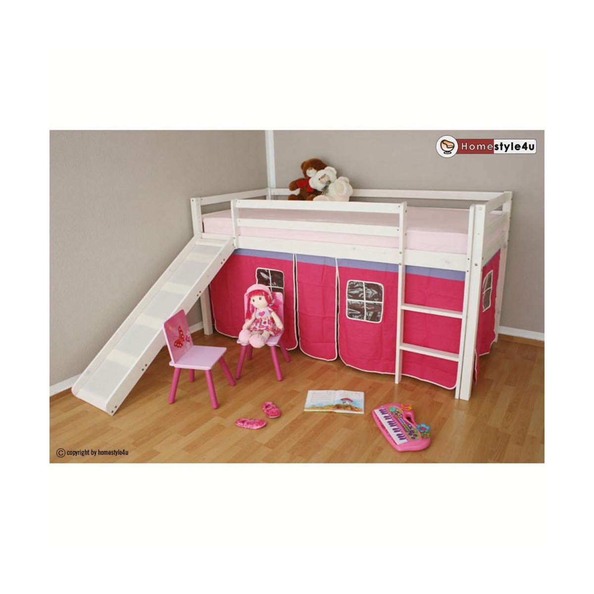 HomeStyle4U Lit Simple Blanc 90x200 en hauteur avec echelle et rideau et toboggan Fuchsia