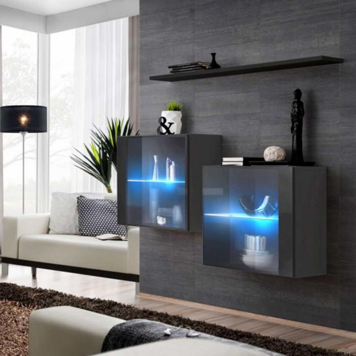 Paris Prix Lot de 2 Vitrines Murales & Étagère  Switch SBIII  130cm Gris & Noir