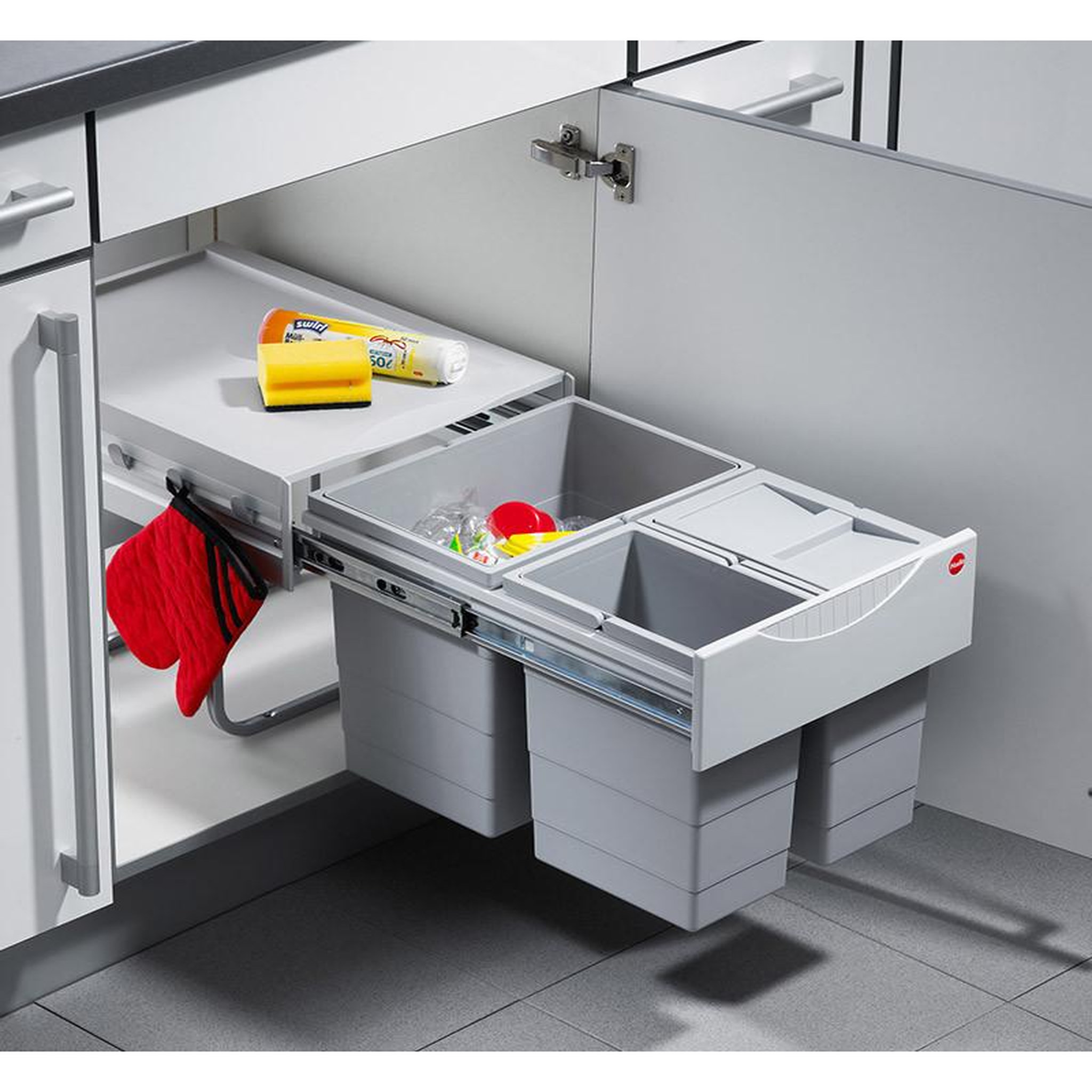 Voir la diapositive 2 : HAILO Poubelle de cuisine tri sélectif 3 bacs encastrable 35l (18+8.5+8.5) hailo as raumspar tandem