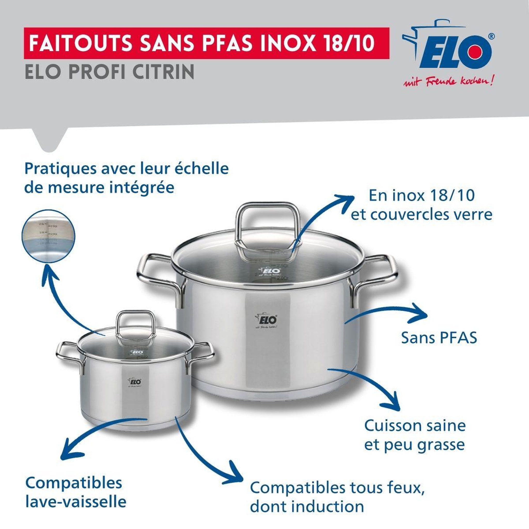 Voir la diapositive 3 : ELO Ensemble de 1 poêle de cuisson 28 cm et 2 faitouts 12 et 20 cm elo profi citrin