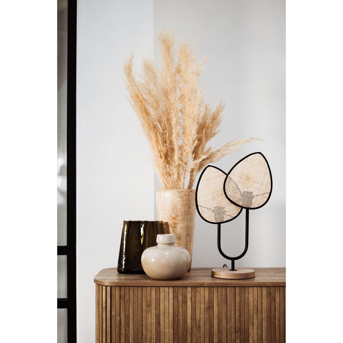 ATMOSPHERA Lampe à poser Feuille en cannage et métal - Beige et Noir
