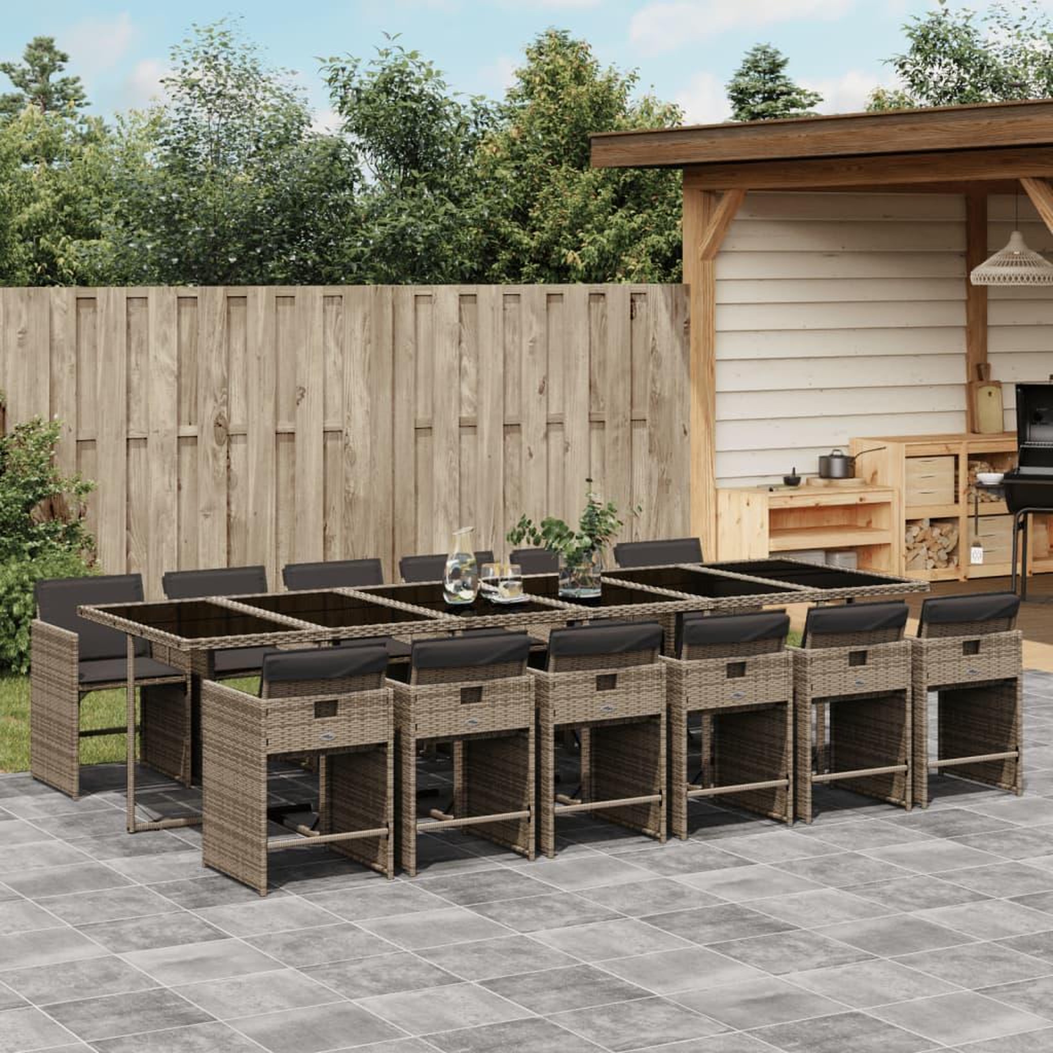 VIDAXL Ensemble a manger de jardin coussins 13 pcs gris resine tressee