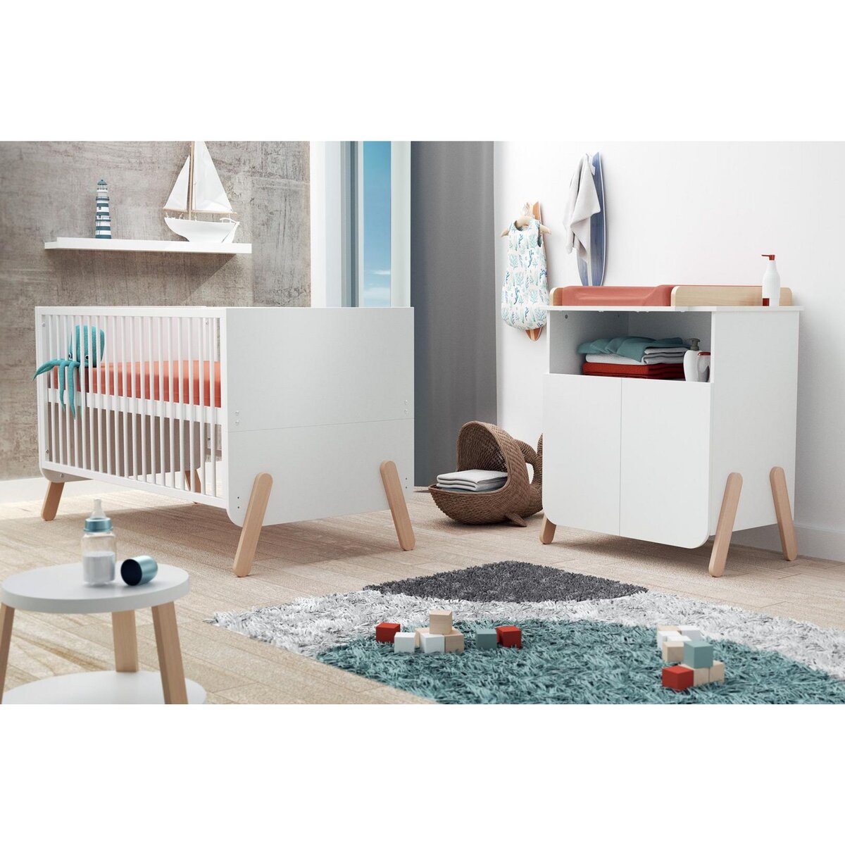 AT4 Lit bébé évolutif en bois PIRATE Blanc et Hêtre Verni 70 x 140 cm