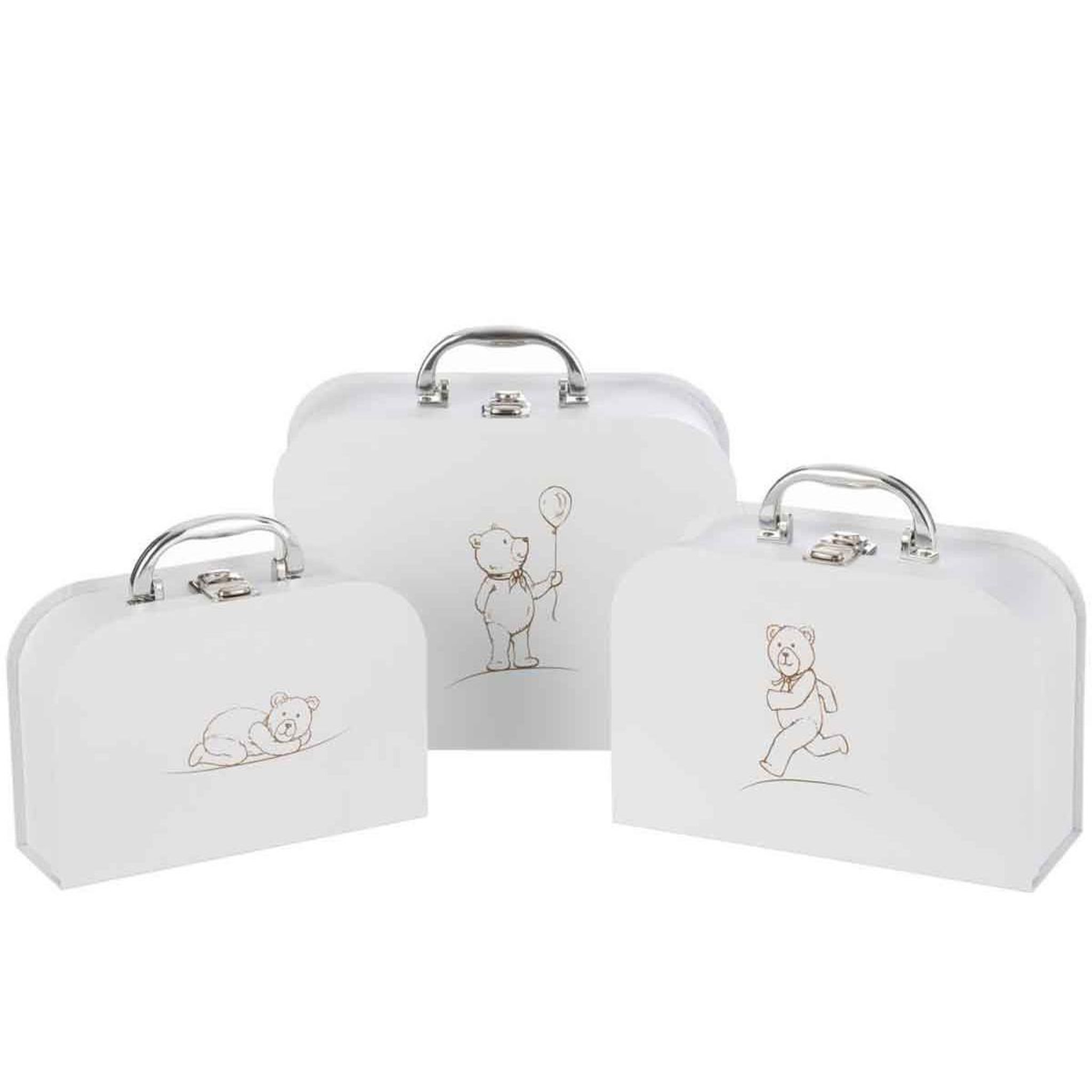 Voir la diapositive 1 : J-LINE Lot de 3 Valises Déco Enfant  Ourson  25cm Blanc
