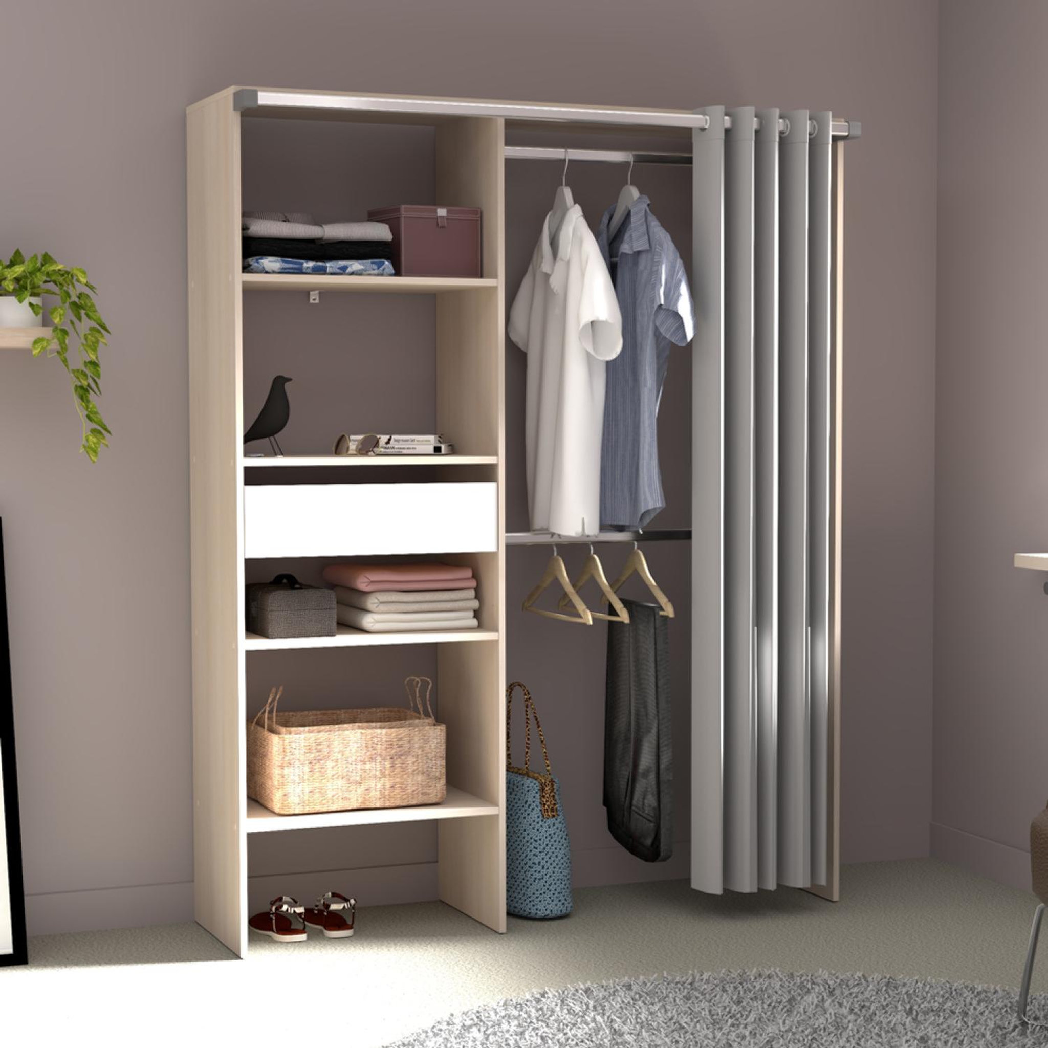 Voir la diapositive 2 : CONCEPT USINE Dressing avec rideau 4 étagères 2 penderies et un tiroir bois et blanc bali