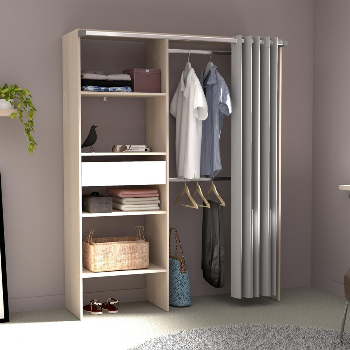 CONCEPT USINE Dressing avec rideau, 4 étagères, 2 penderies et un tiroir bois et blanc BALI