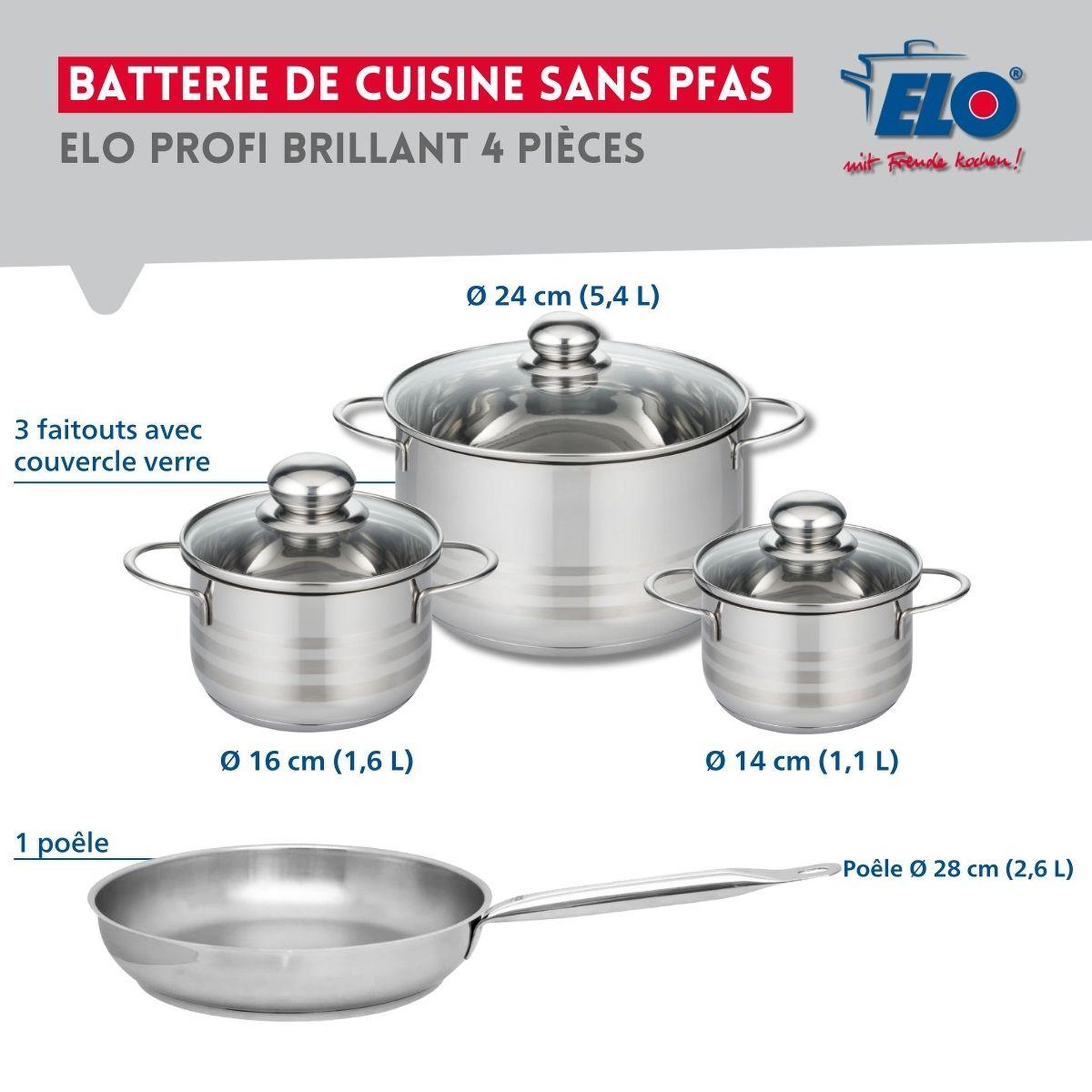 Voir la diapositive 2 : ELO Ensemble de 1 poêle de cuisson 28 cm et 3 faitouts 14, 16 et 24 cm elo profi brillant
