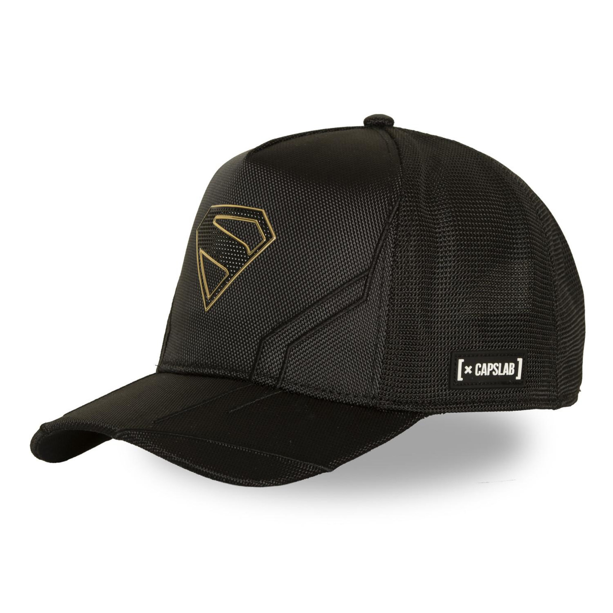 CAPSLAB Casquette trucker premium filet et logo PU DC Comics Technic. Coloris disponibles : Noir