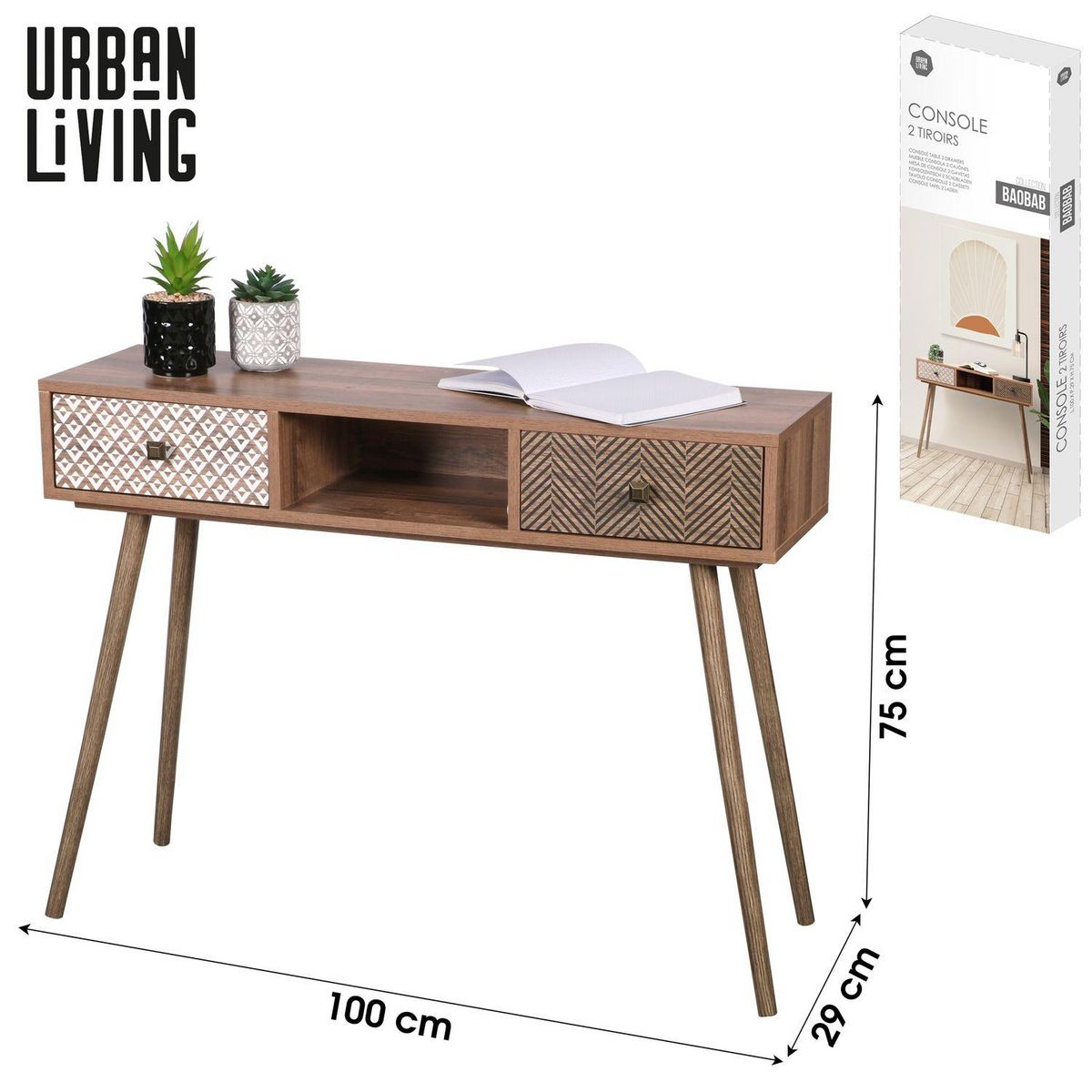 TOILINUX Console Baobab en MDF 2 tiroirs et 1 niche ouverte - L.100 cm x H.75 cm - Marron