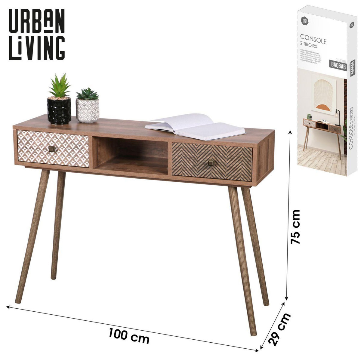 TOILINUX Console Baobab en MDF 2 tiroirs et 1 niche ouverte - L.100 cm x H.75 cm - Marron