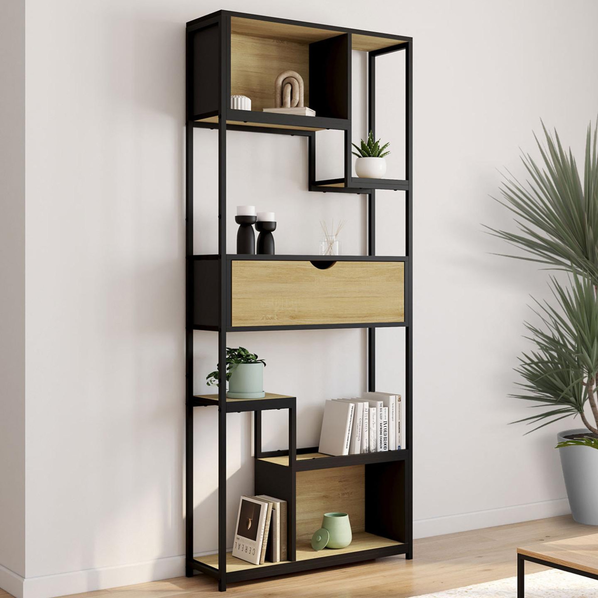 Voir la diapositive 2 : ID MARKET Etagère bibliothèque 6 niveaux asymétrique detroit avec tiroir design industriel 161 cm