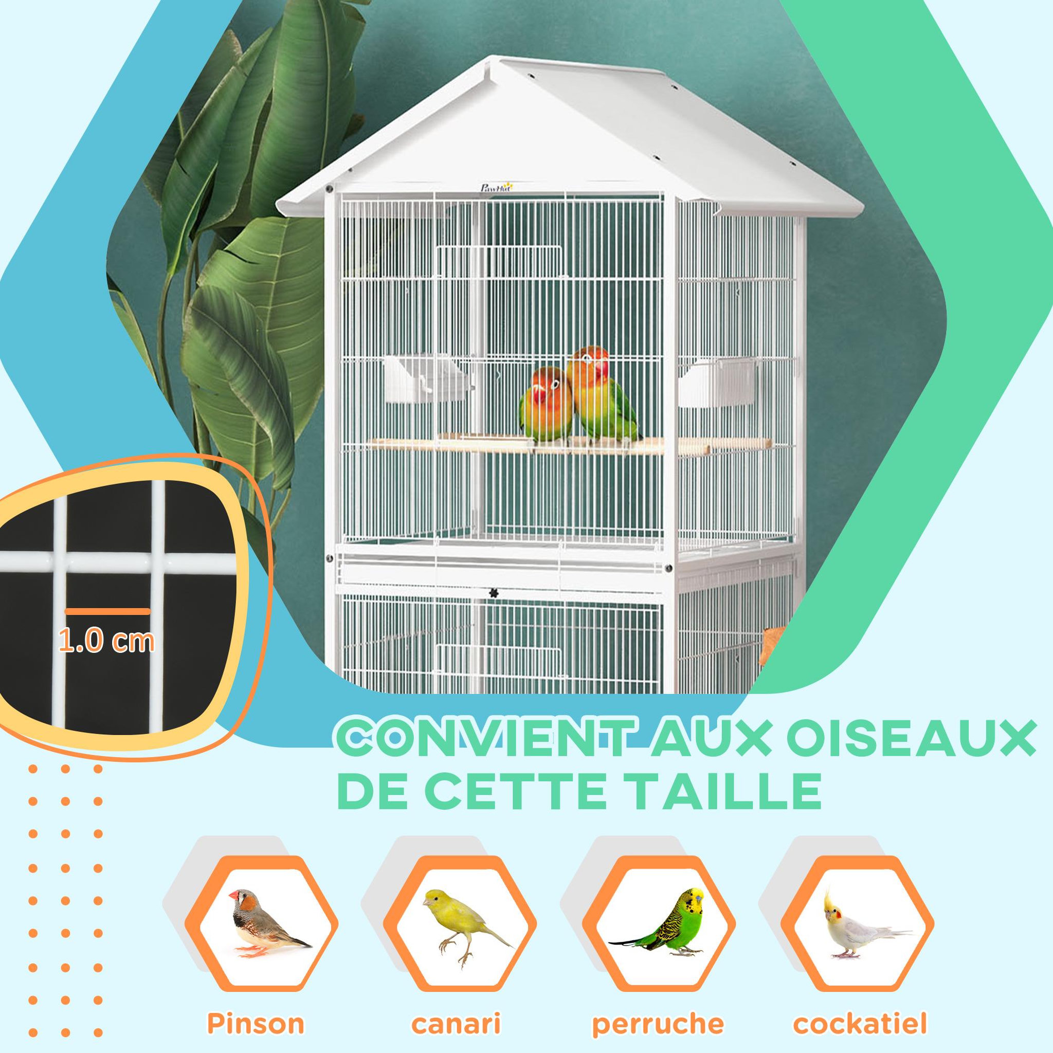 Voir la diapositive 6 : PAWHUT Volière cage à oiseaux sur roulettes design maison mangeoires perchoirs 10 portes plateaux excréments amovibles acier blanc