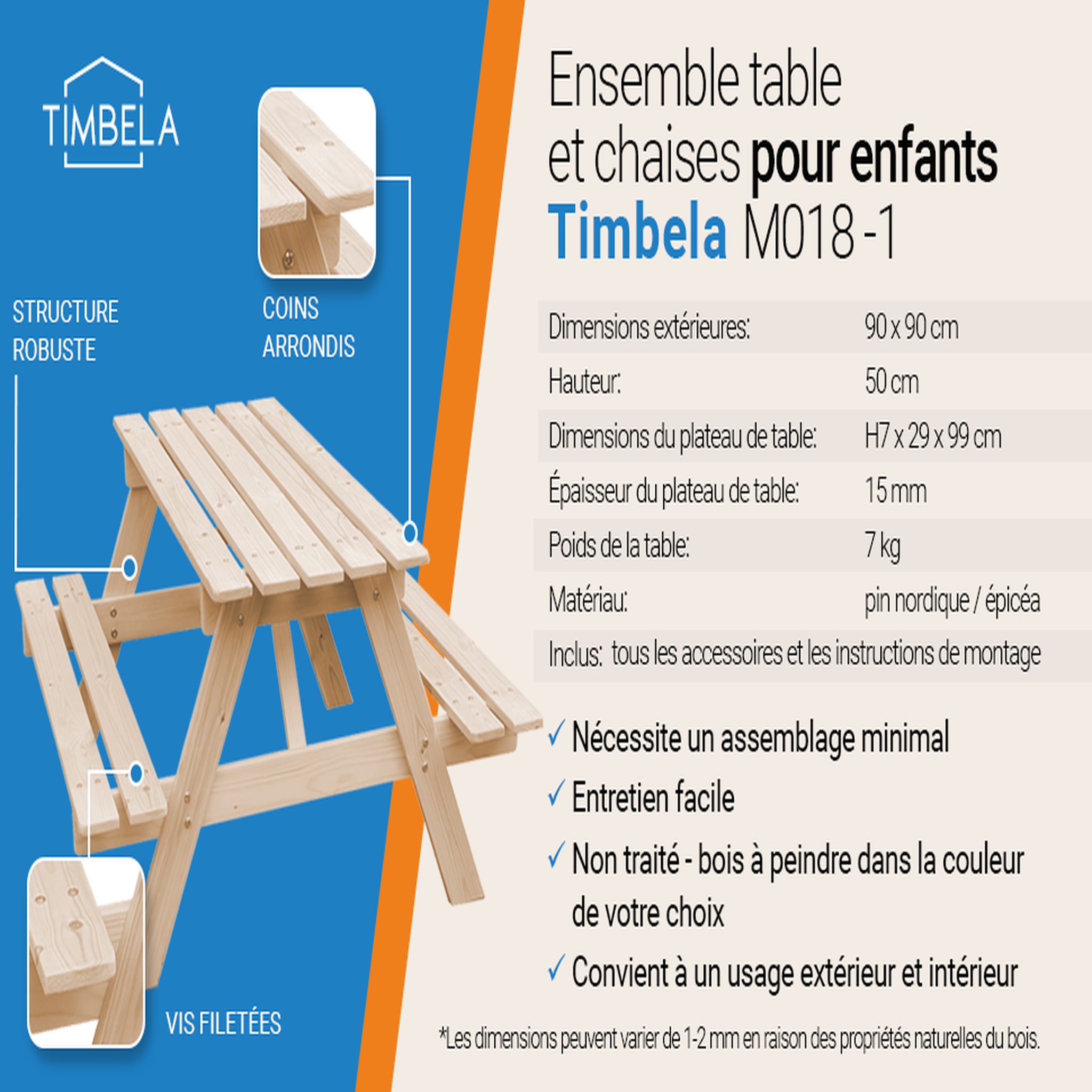 Voir la diapositive 6 : TIMBELA Table enfant en bois – table et chaise enfant - table pique nique 90x90xh50 cm m018-1