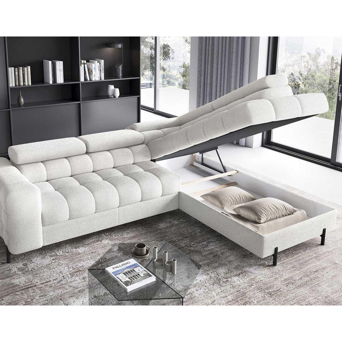 BEST MOBILIER Elisa - canapé d'angle droit 5 places convertible avec coffre et têtières réglables en tissu bouclette