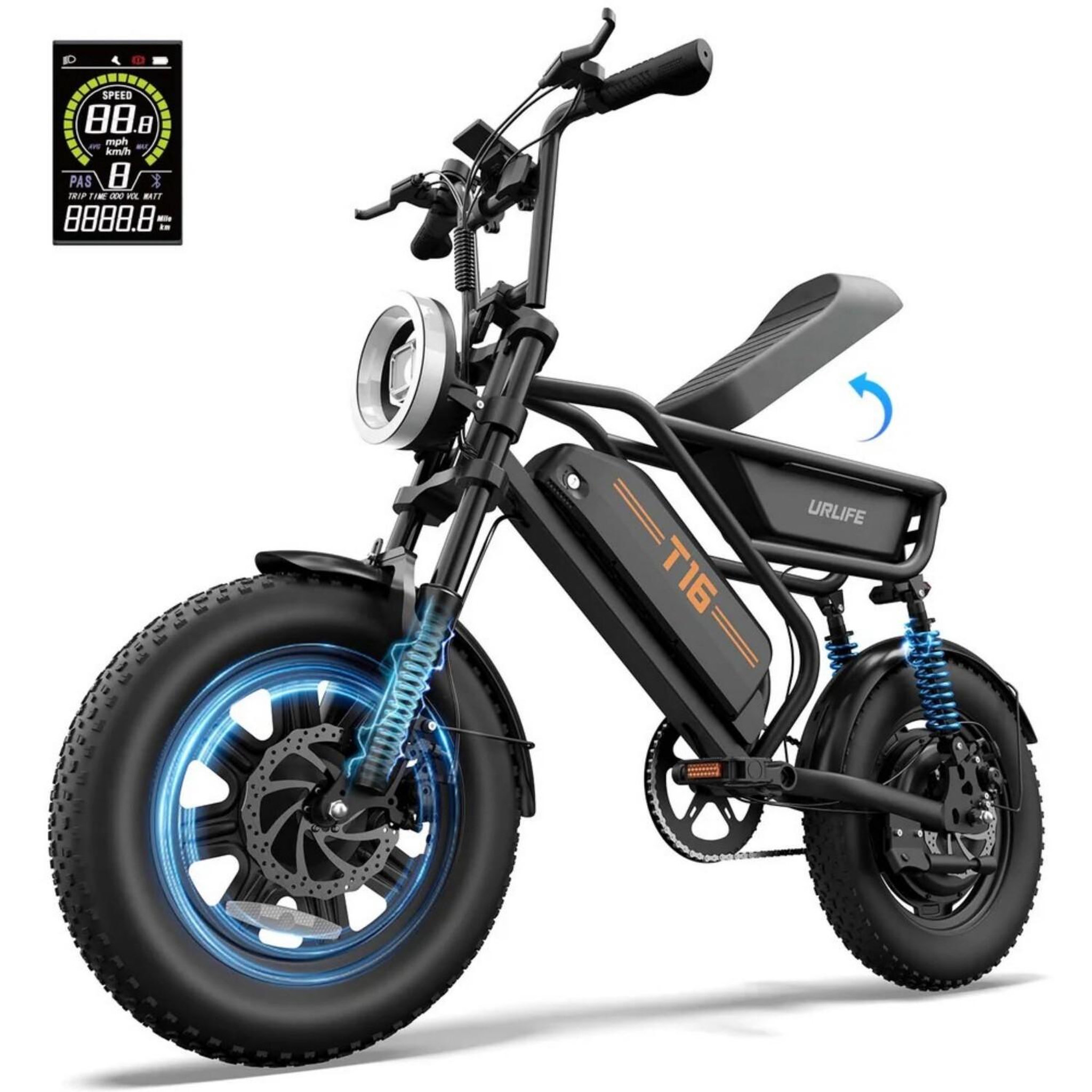 Voir la diapositive 2 : URLIFE Vélo électrique compact urlife t16, fatbike 16 pouces, coffre de rangement sur la selle