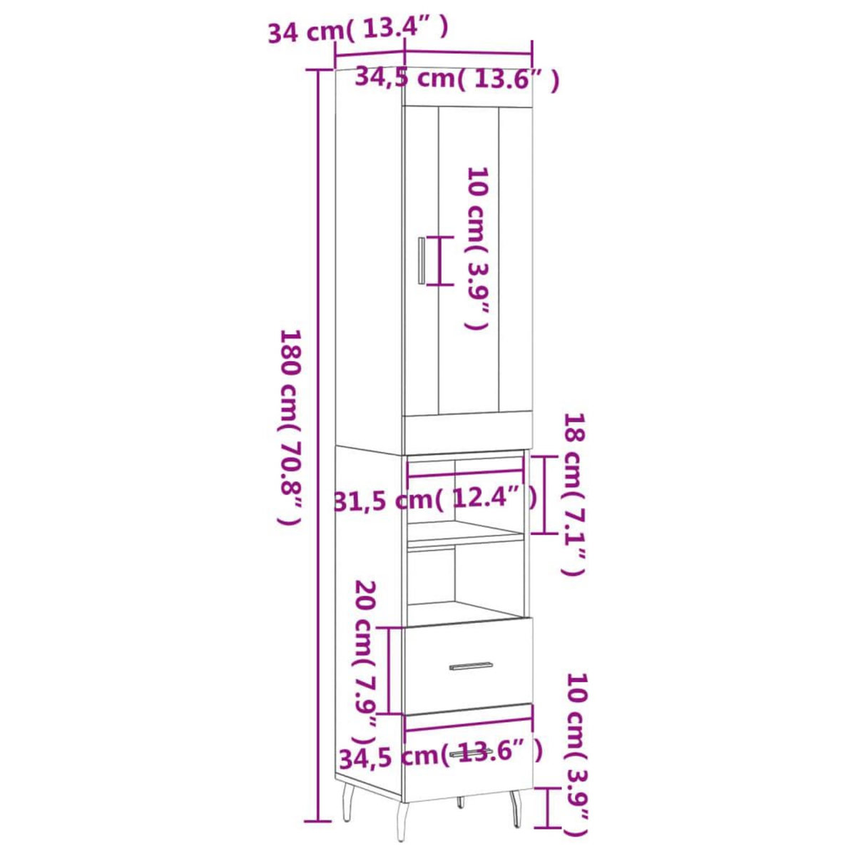 VIDAXL Buffet haut Sonoma gris 34,5x34x180 cm Bois d'ingenierie
