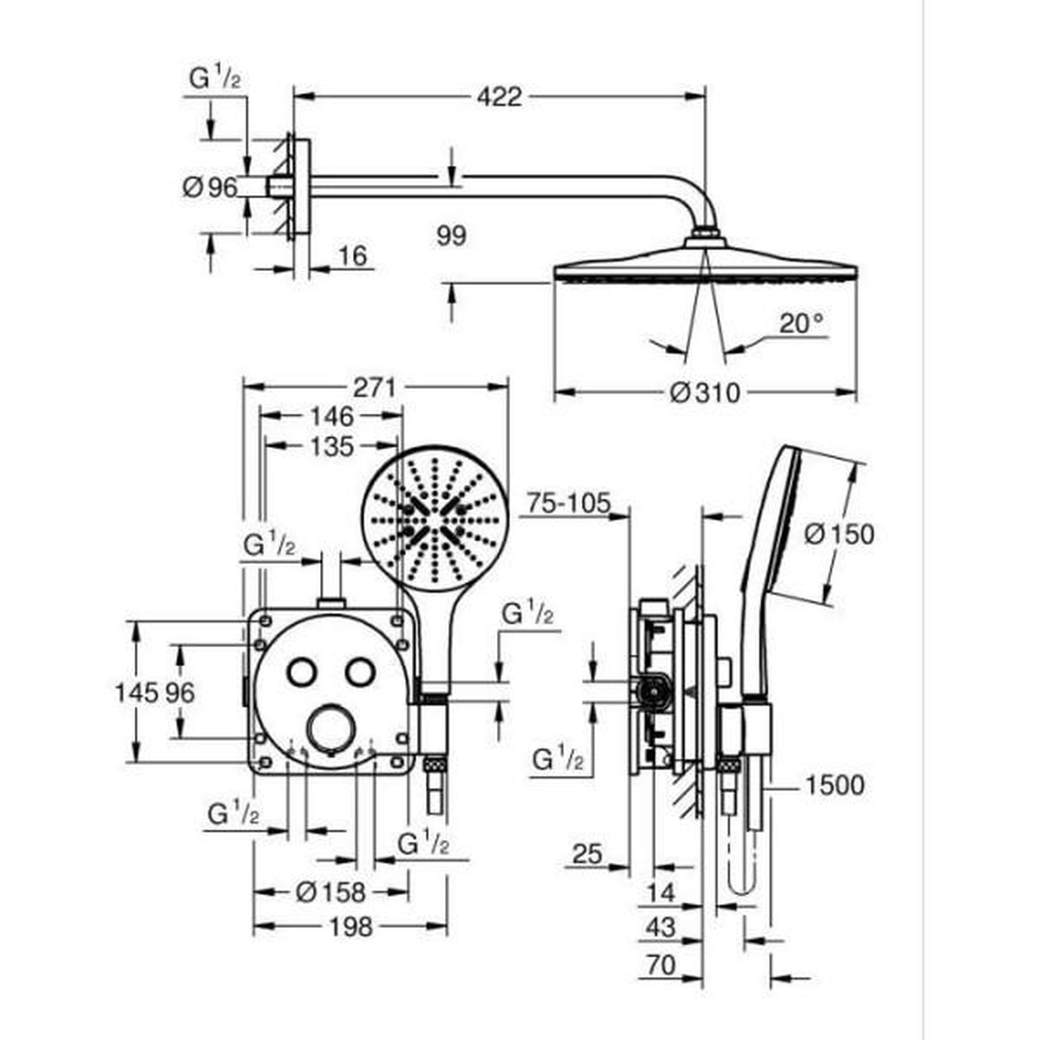 Voir la diapositive 6 : Grohe Ensemble de douche encastré - tous les types de jets - mitigeur thermostatique - grohe - 34877000 - gris