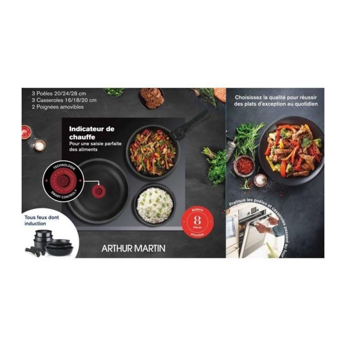 Arthur Martin Batterie de cuisine induction - Arthur Martin - AM925B - Aluminium - 8 pieces - Poignée amovible - Tous feux dont induction