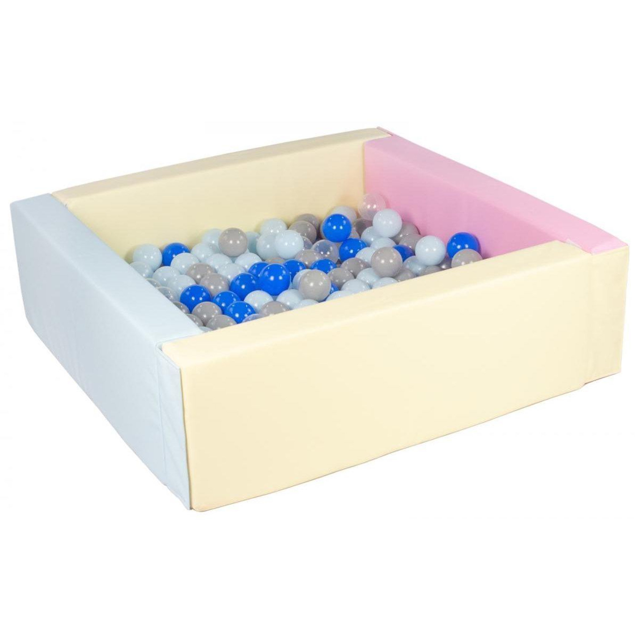VELINDA Piscine à balles carrée avec 200 balles - bords 3 couleurs/transparent, bleu gris argent bleu pastel