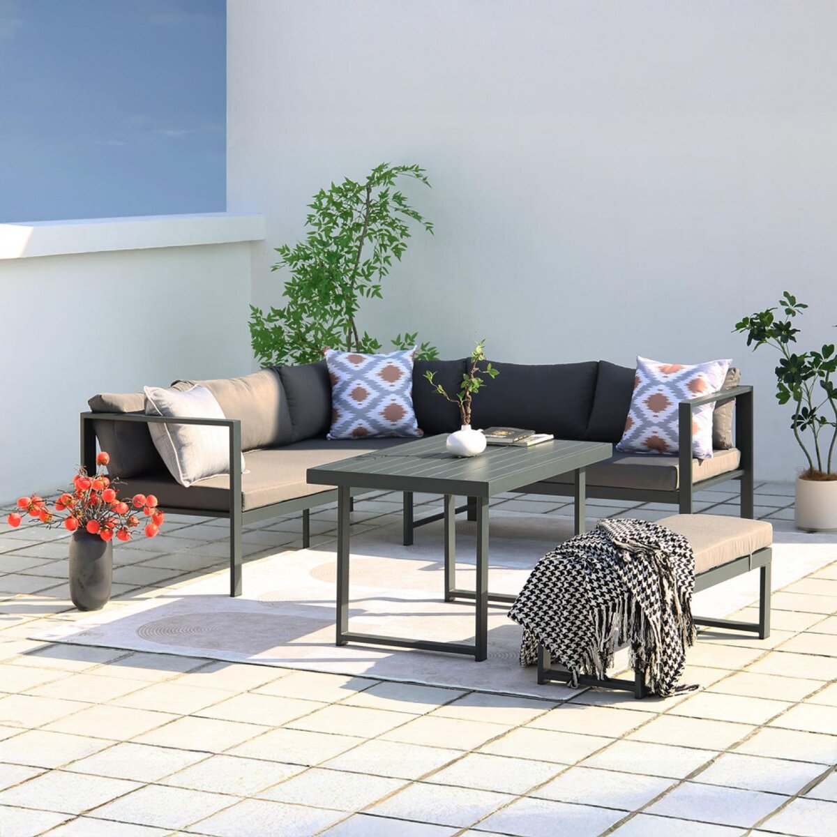 CONCEPT USINE salon de jardin panoramique 8 places en résine tressée noir et gris MARBELLA