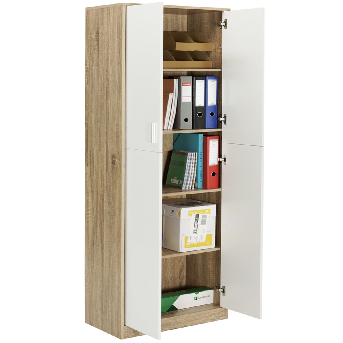 ID MARKET Armoire de bureau 190 cm multifonction MARIA bois et blanc 2 portes 4 étagères
