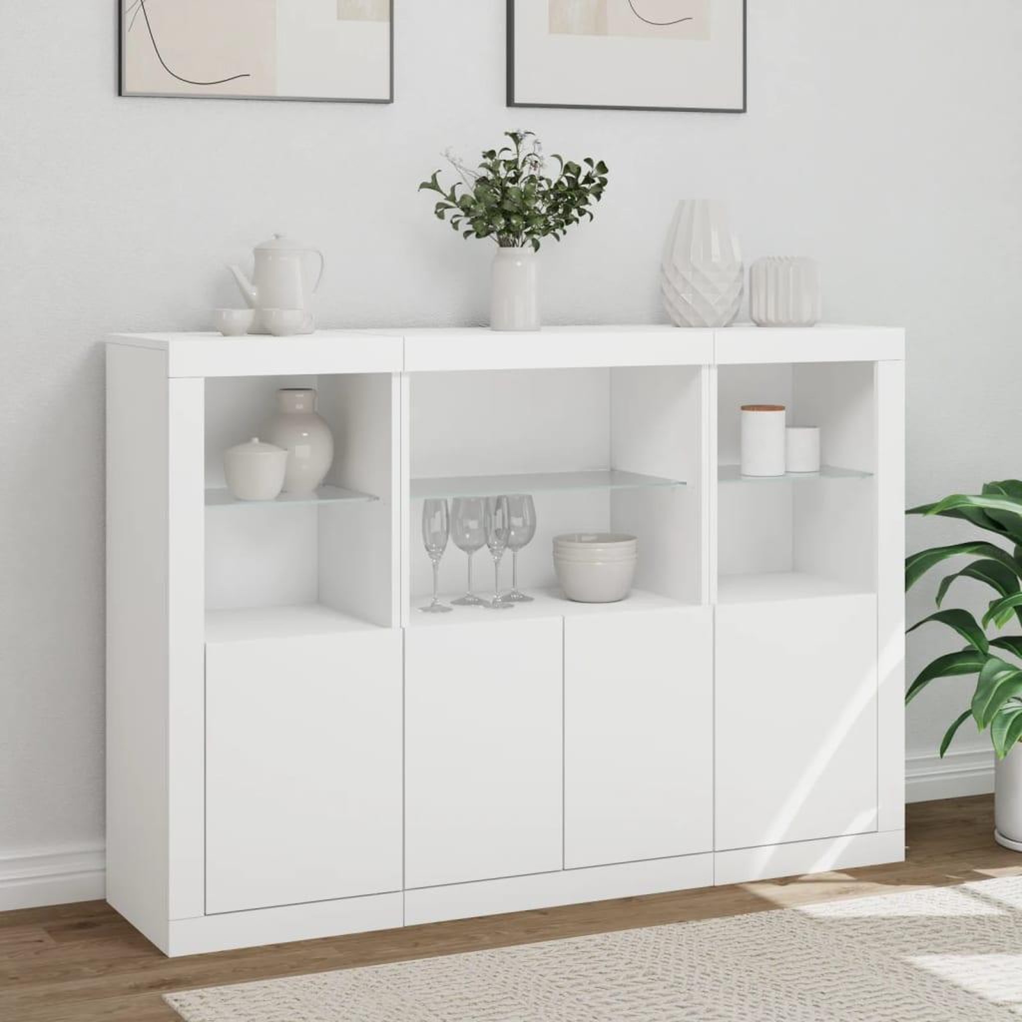 Voir la diapositive 4 : VIDAXL Buffets avec lumieres LED 3 pcs blanc bois d'ingenierie
