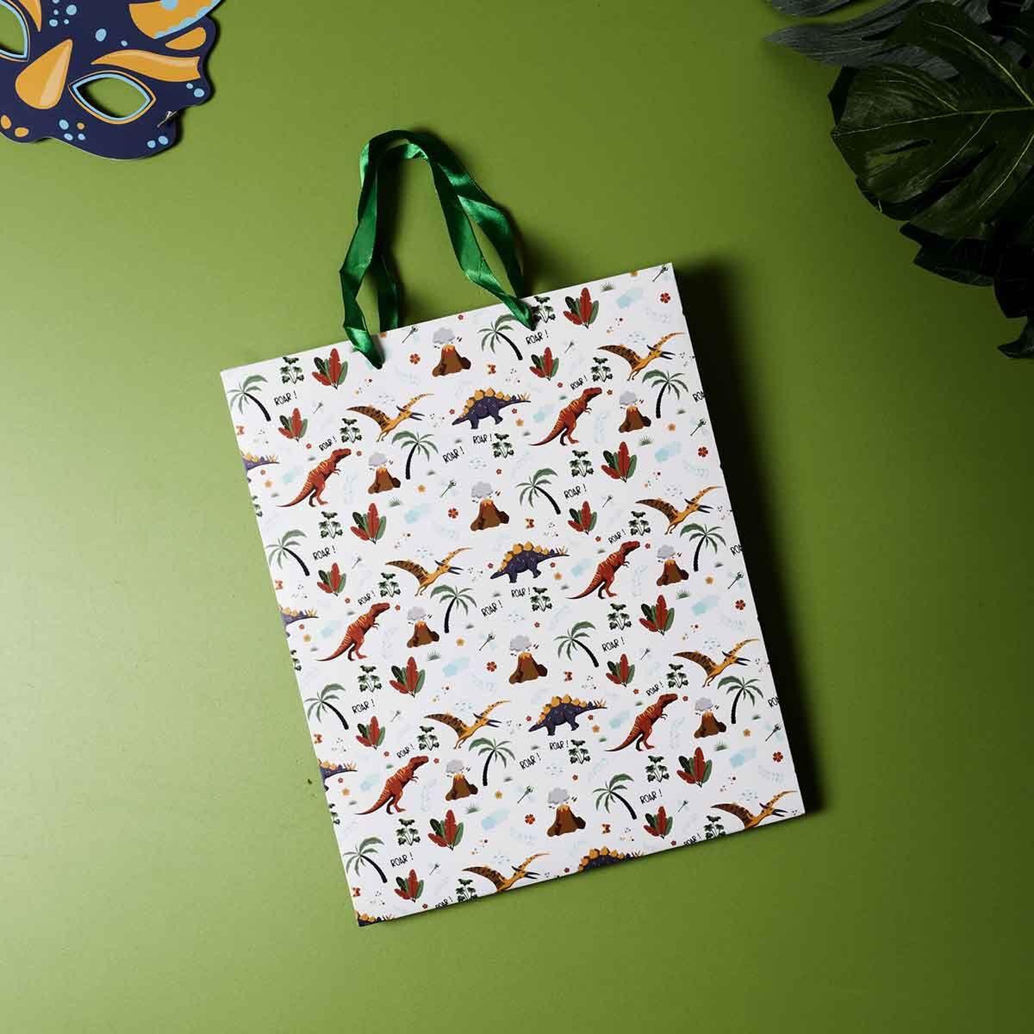 Voir la diapositive 2 : PARTY TIME Sac cadeau anniversaire  dinosaure  33cm vert