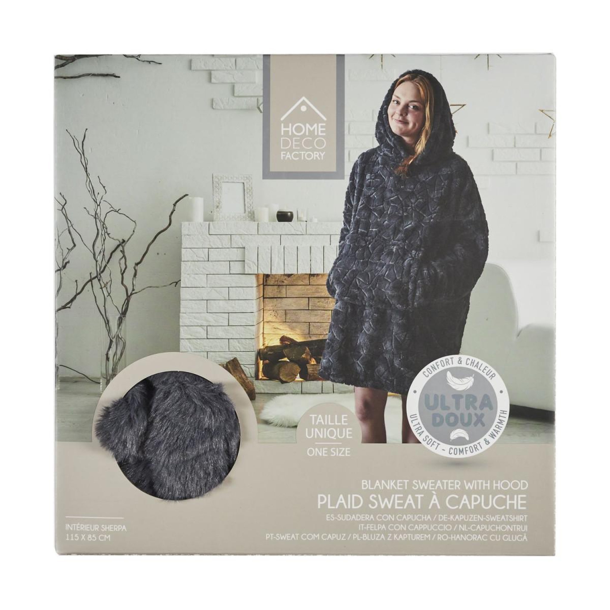 Voir la diapositive 3 : The Home Deco Factory Plaid sweat à capuche  fausse fourrure  85x115cm gris foncé